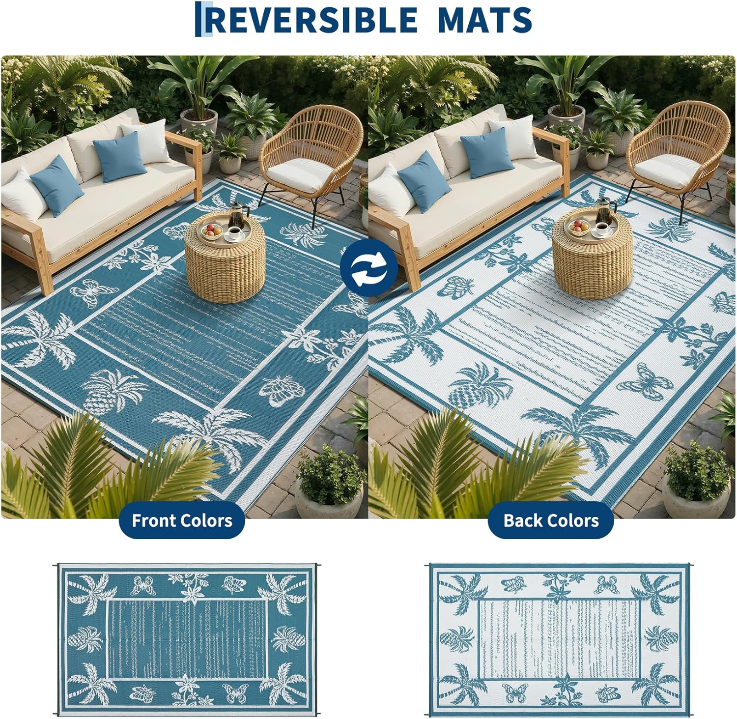 Garvee Outdoor Rug 5x8 Waterproof for Patios, Reversible Plastic Straw Rug, Tropical Leaf Indoor Outdoor Rugs, Large Area Rug for RV, Camping, Deck, Picnic Mat, Outside Carpet, Blue & White