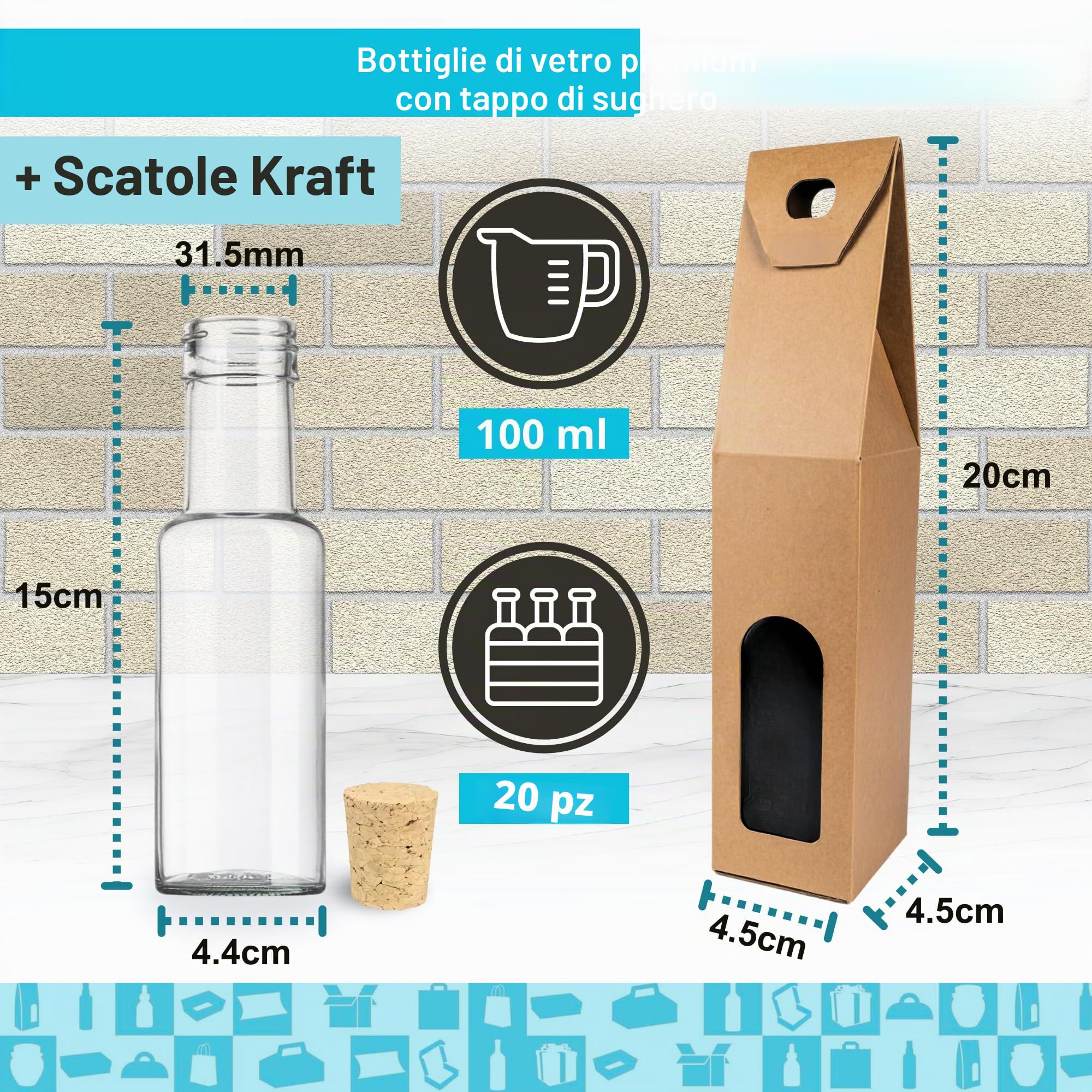 Set 20 Piccole Bottiglie di Vetro 100 ml con Tappo in Sughero + 20 Scatole – Mini Bottiglie Regalo per Liquore e Olio | Espirito Rebelde