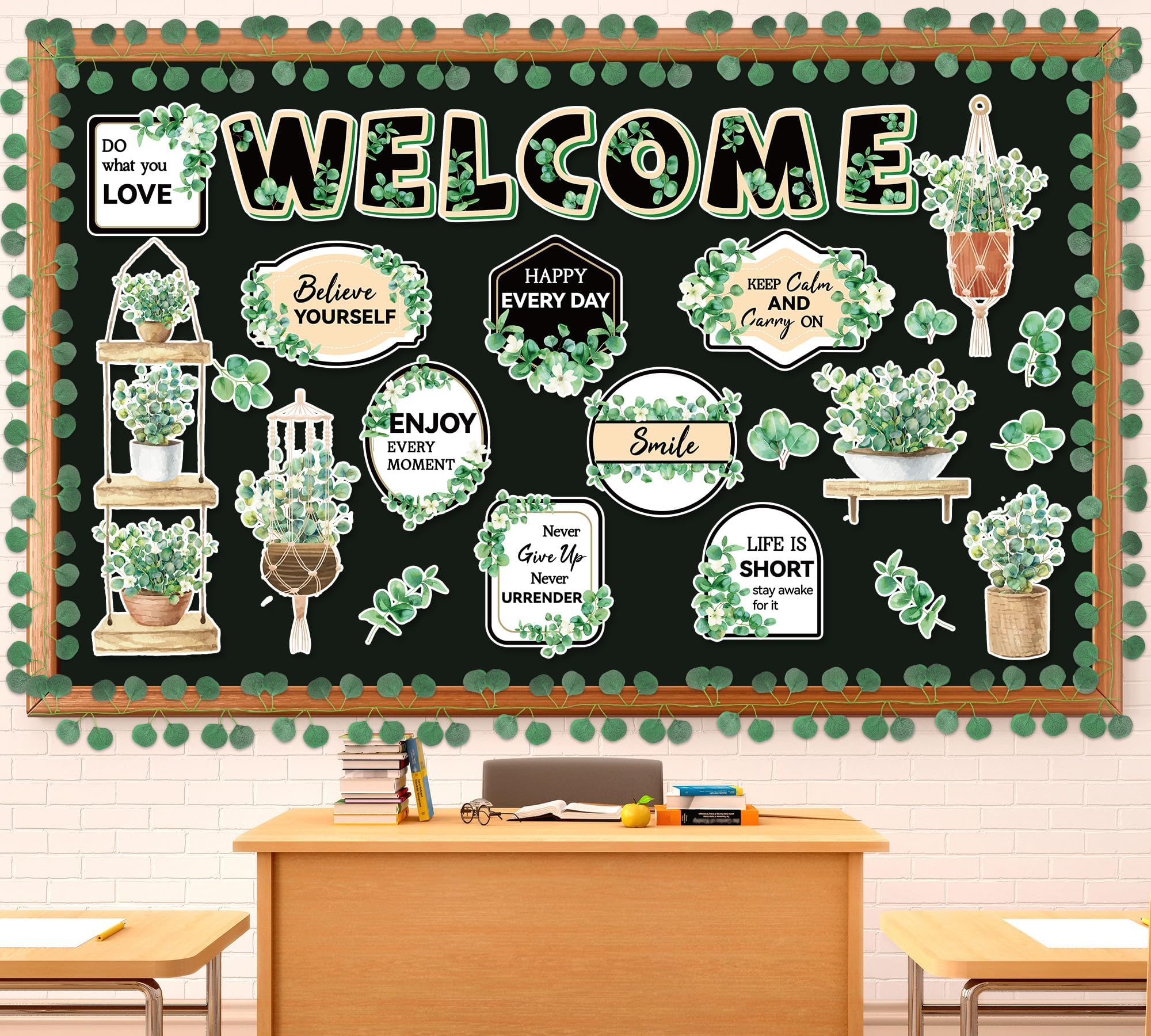 Eucalyptus Welcome Bulletin Board Set Greenery Classroom Decoration Plant Positive Sayings Cutouts with 3D Eucalyptus Leaves Bulletin Boarders for Back to School Nursery Wall Door Decor Party Supplies