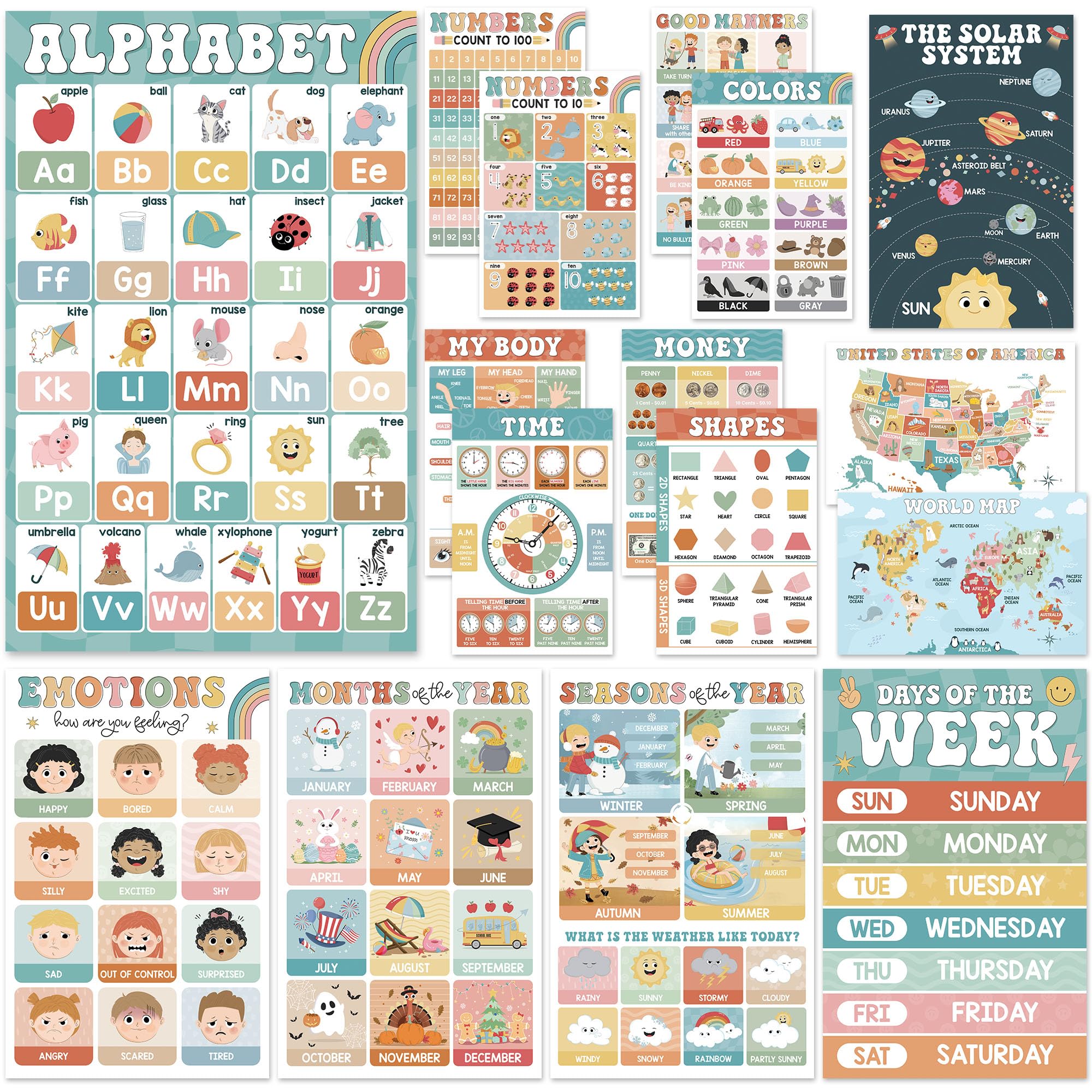 BEAWART 16 Boho Groovy Educational Posters for Preschoolers - Laminated Pre-K and Kindergarten Learning Poster Charts for Toddlers 1-3-5 - Homeschool and Classroom Decor for Kids' Walls