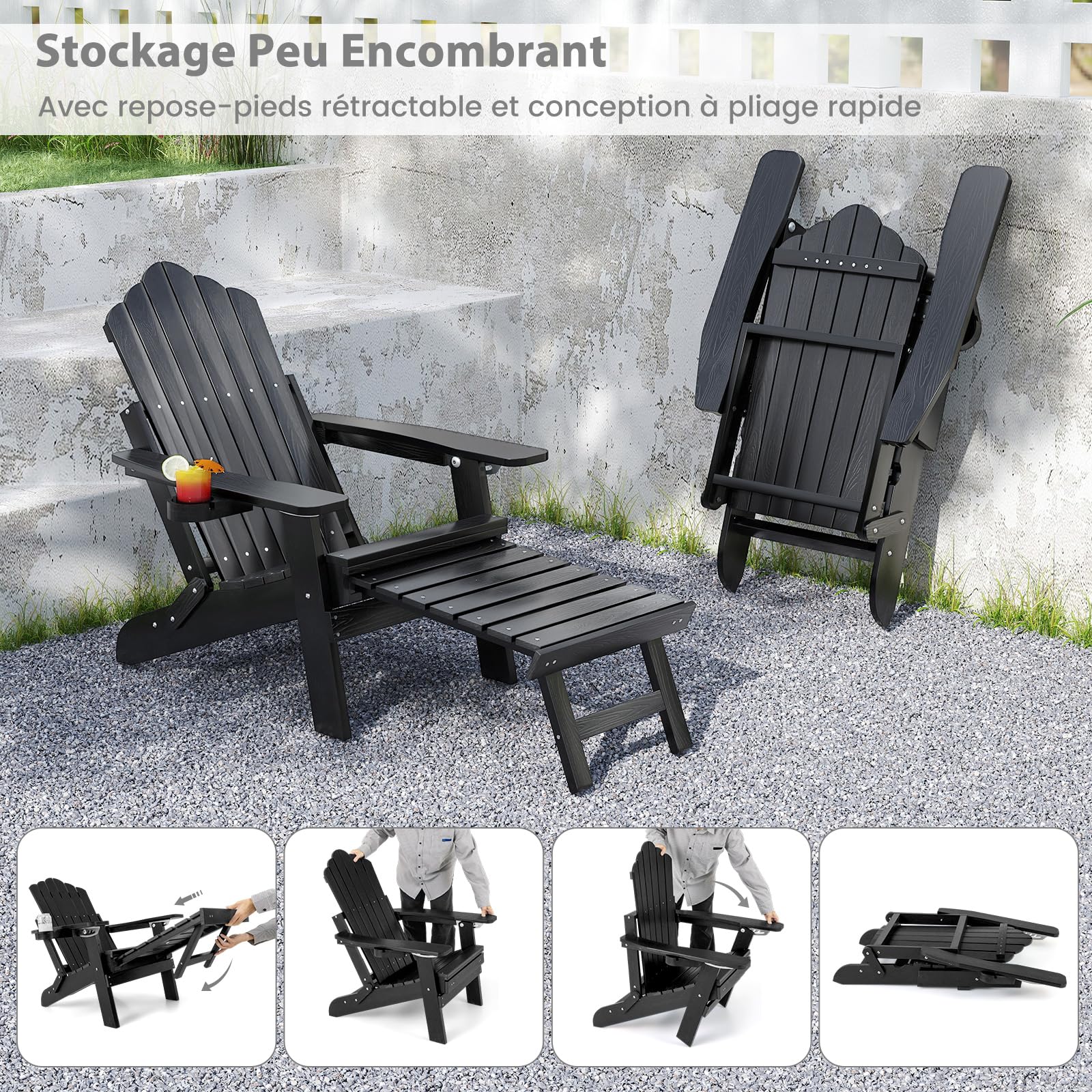 GOPLUS Fauteuil Adirondack Réglable, Chaise Adirondack Pliable à 4 Positions avec Repose-Pieds Rétractable, Chaise de Jardin en HIPS avec Porte-Gobelet, pour Patio, Terrasse, Cour