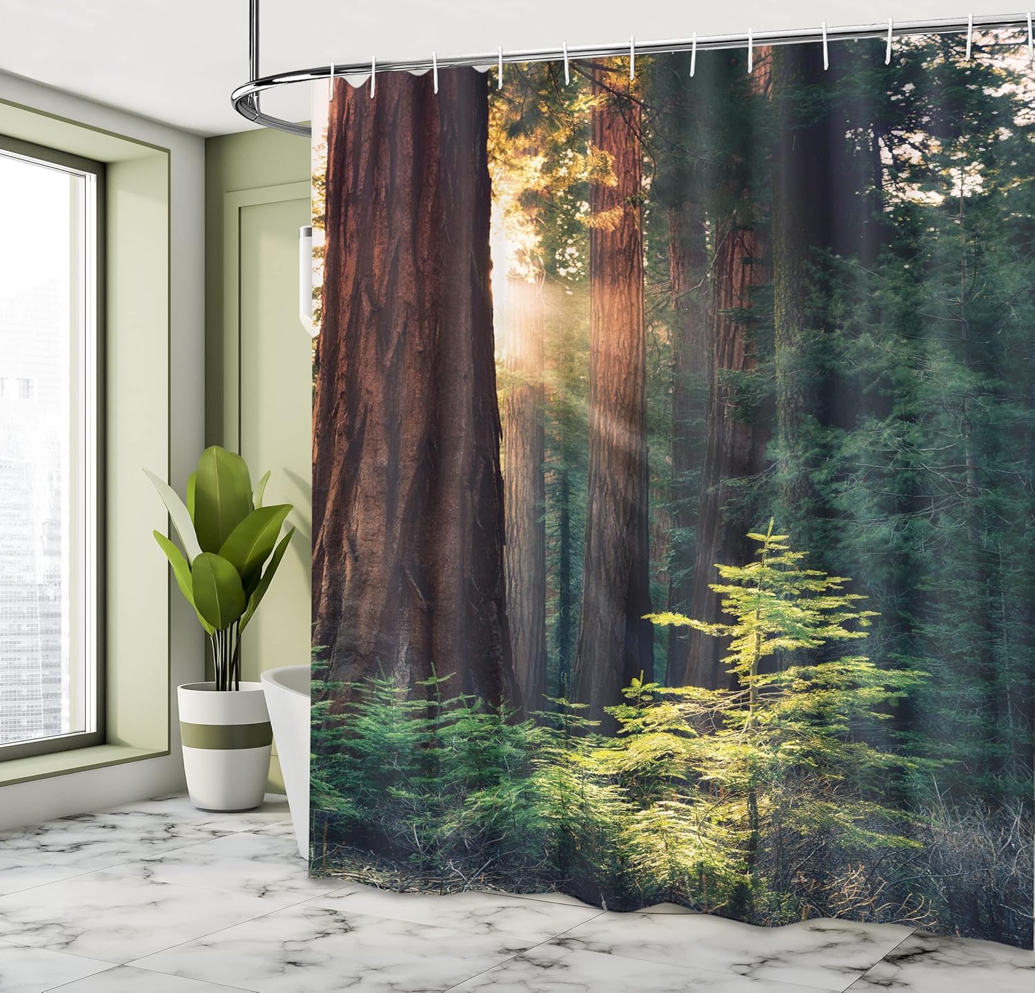 Ambesonne National Parks Shower Curtain, Morning Sunlight in Wilderness Yosemite Sierra Nevada United States Nature, Cloth Fabric Bathroom Decor Set with Hooks, 69" W x 75" L, Green Dark Brown