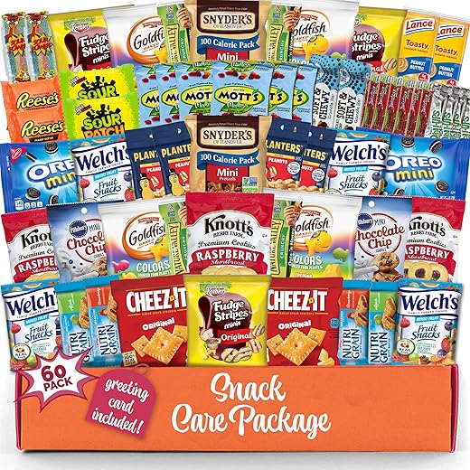 Snack box care package Candy Variety Pack snack pack(60 Count) Holiday Christmas Gift Baskets for Kids Adults Teens Family College Student - Crave Food Birthday Arrangement Candy Chips Cookies