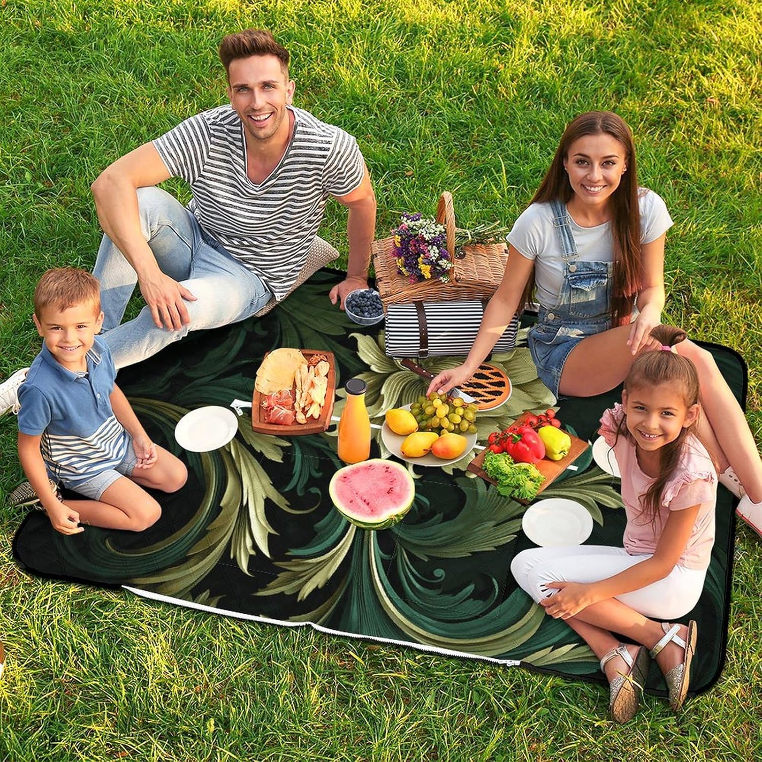 Dark Green and Green Style Picnic Blanket 150x100cm, Foldable 2-in-1 Picnic Mat and Tote Bag Portable Waterproof Beach Mat Sandproof Outdoor Blanket for Park, Hiking, Beach, Camping, Travel