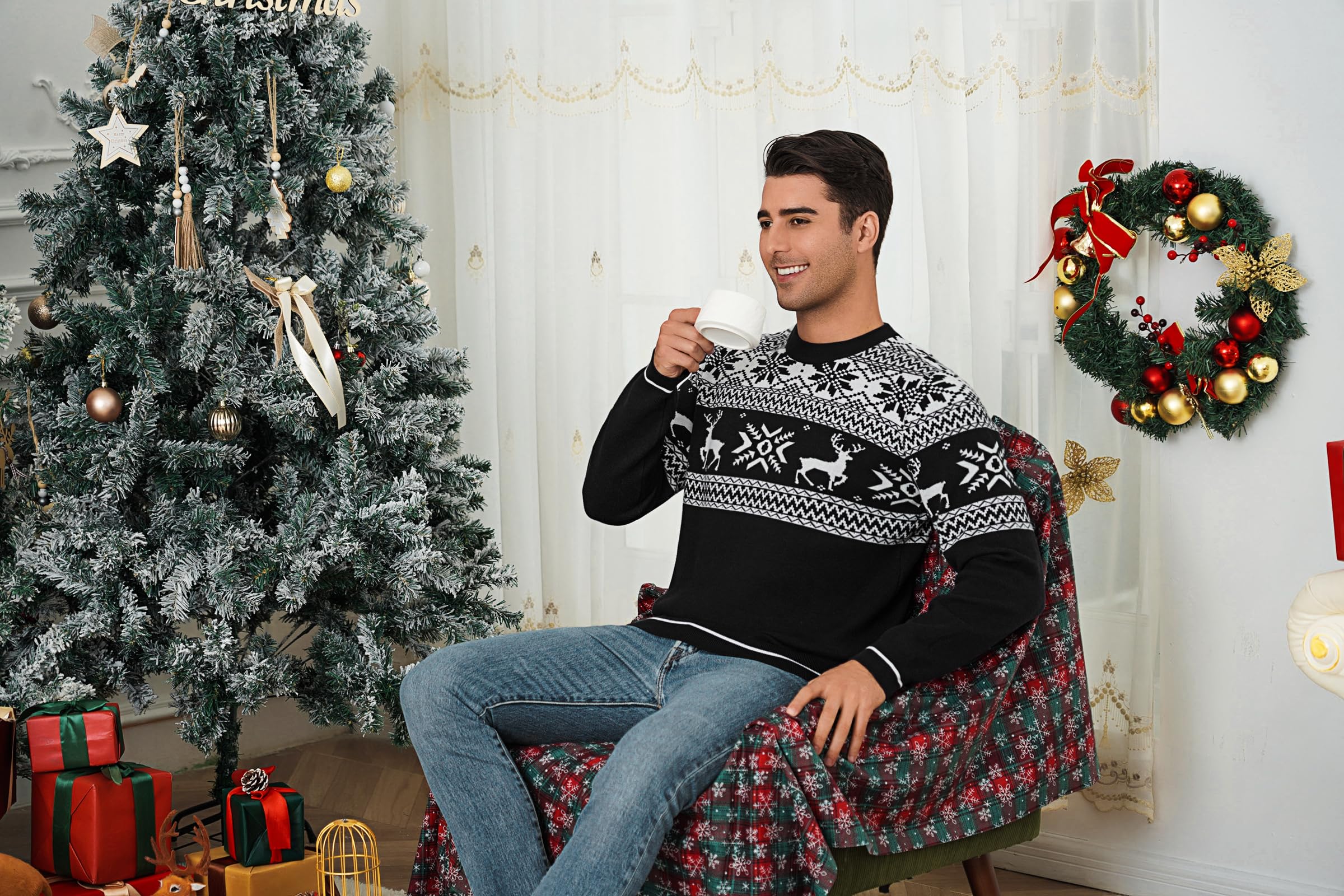Pull de Noël Homme Col Rond Motif Renne | Motif renne et flocon, col rond et manches longues pour les fêtes, les soirées d’hiver et les cadeaux de Noël.