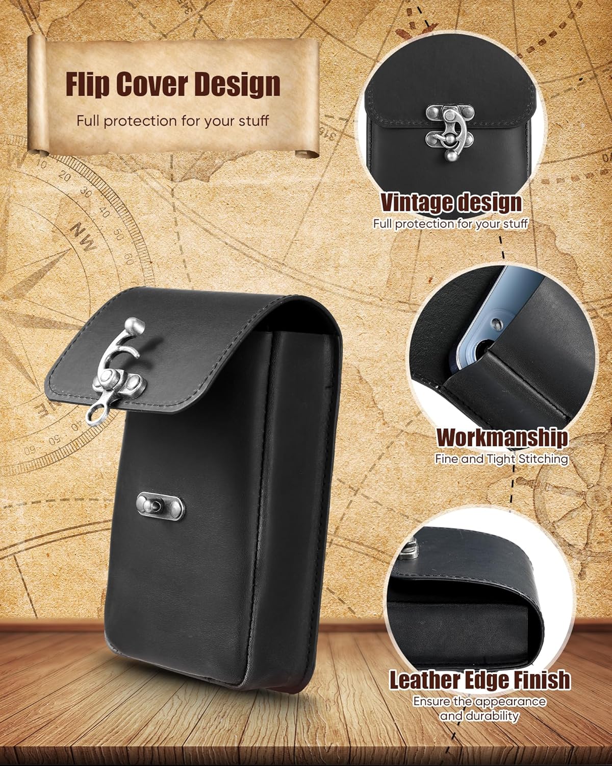 Silkfly Medieval Vintage Belt Pouch Leather Waist Bag Renaissance Accessories Steampunk Waist Fanny Pack for Casual Hiking (Black, 5.98 x 3.98 x 1.5 Inch) - Image 3