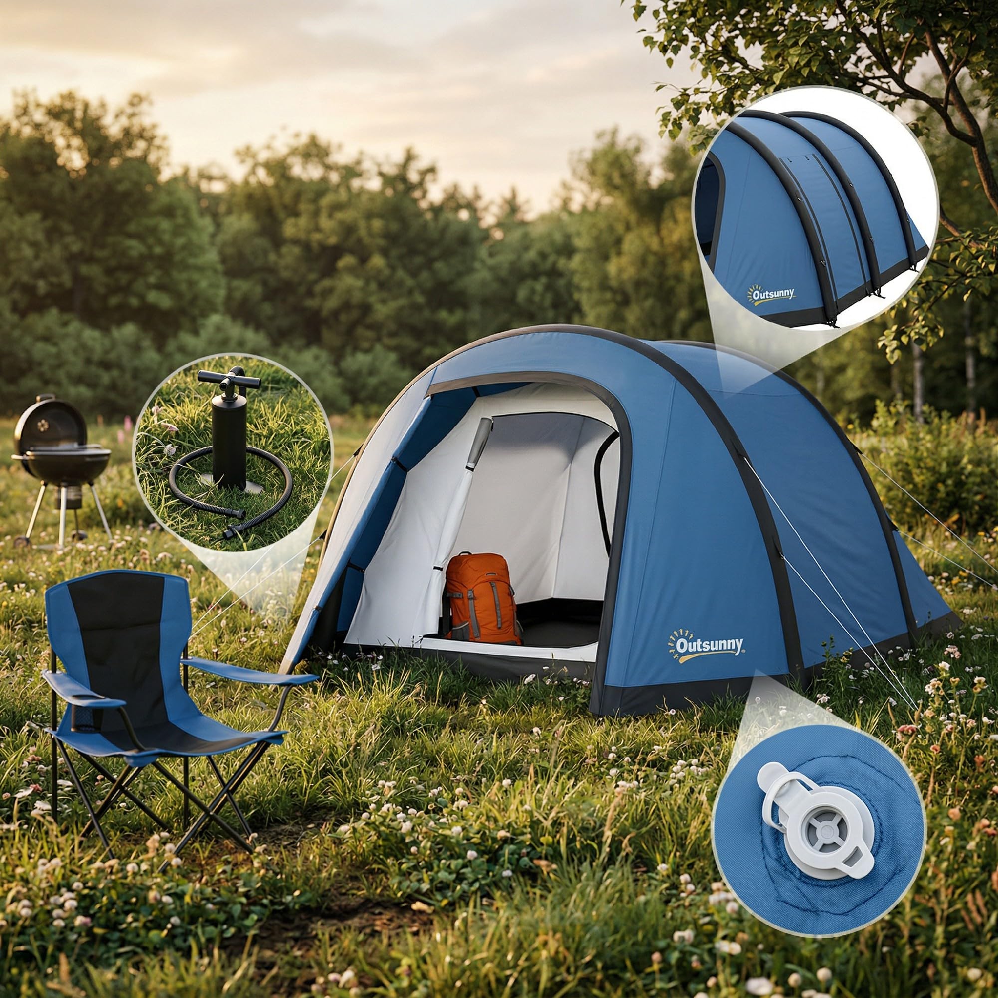 Outsunny Aufblasbares Zelt für 3–6 Personen Outdoor Campingzelt Familienzelt Luftzelt Glamping Zelt für 3 Jahreszeiten mit Luftpumpe UV50+ Winddicht Schneller Aufbau