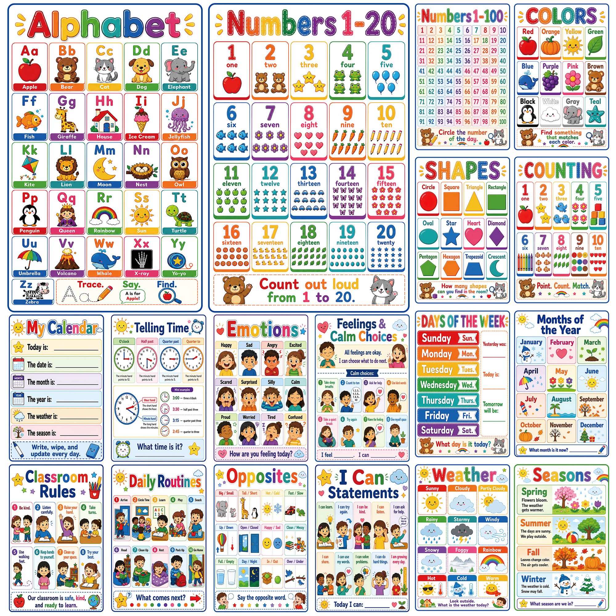Surligneus Lernposter für Kleinkinder, 18 Poster für Klassenzimmer, Must Haves