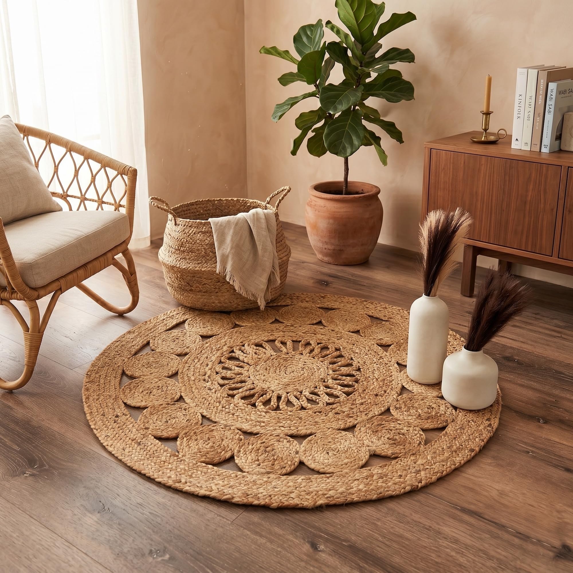 Demeter Round Rug, Premium, 100% Natural Jute, Artistic, Hand Woven Circular Round Rugs for Kitchen, Living Room, Bedroom, Bathroom, Farmhouse - 180cm Round, 180cm x 180cm