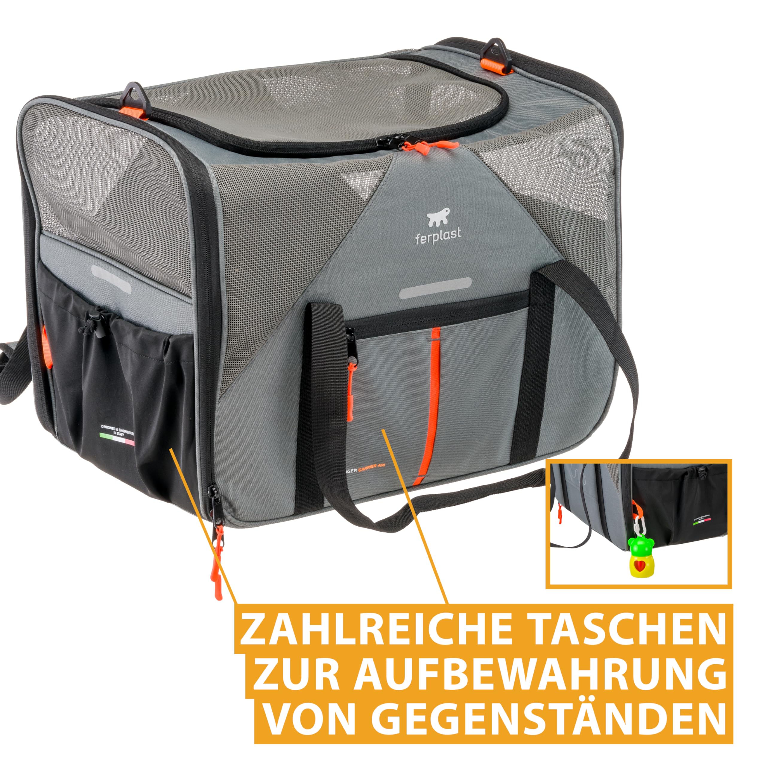 Ferplast Hundebox Voyager Carrier, Transportbox Katze, Hundetasche, verstellbare Griffe und Schultergurt, Sicherheitsgurt, beidseitige Öffnung, mit Kissen, max. 15 kg, 50 x 35 x 37 h cm, Grau