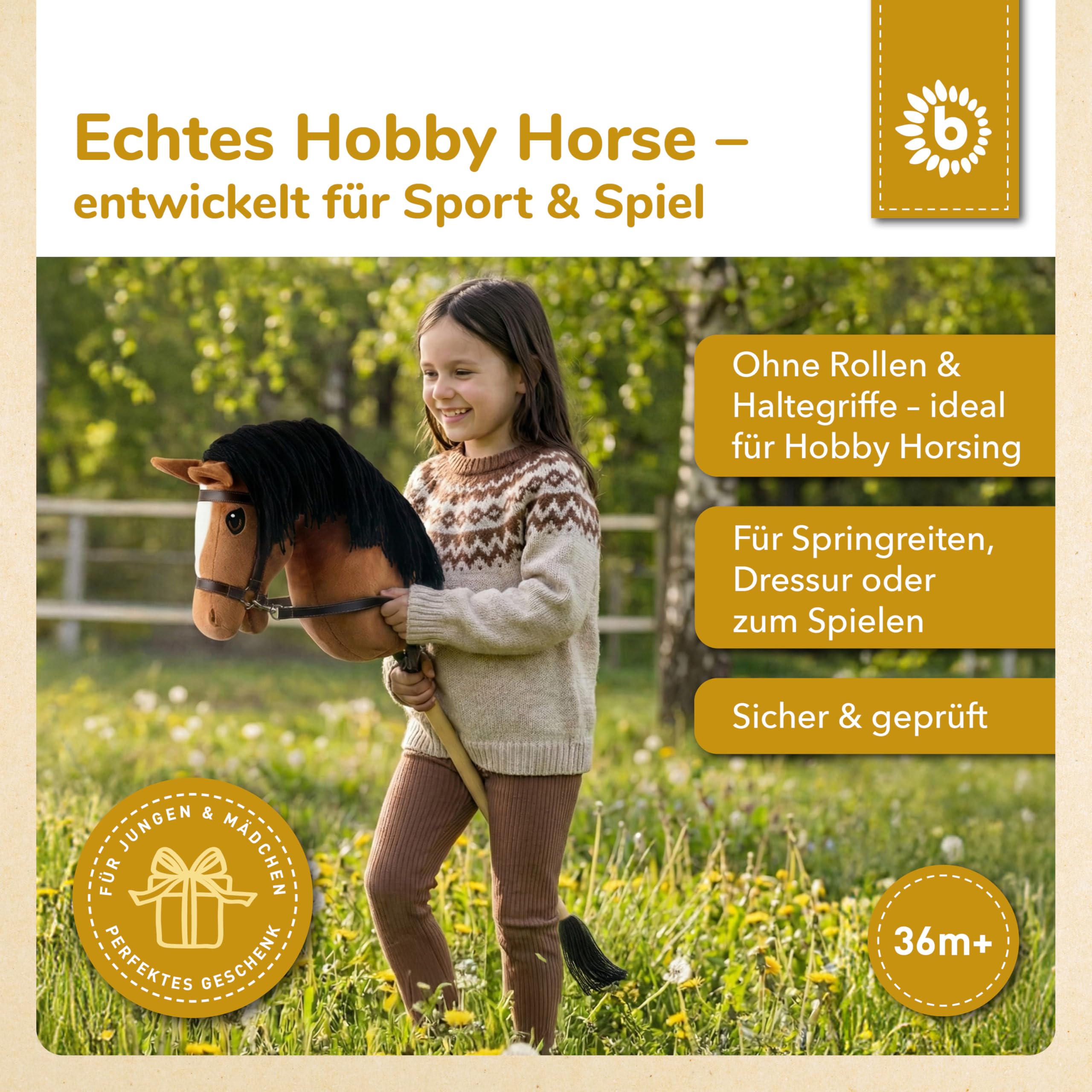 Bieco Hobby Horse konik na kijku, lis, rozmiar S, z trense, spersonalizowany, zdejmowany kij i ogon, do jazdy konnej, ujeżdżania i zabawy, hobby