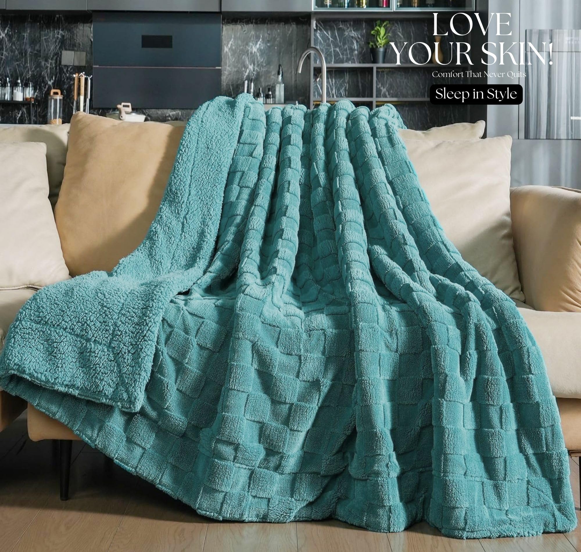 SANMARINO Reversible Sherpa Fleece/Flannel Blanket, 600 GSM โ Thick Fluffy 3D Checkered, Super-Soft, Heavy Winter Couch or Bed Blanket (Aqua, Double, 3000 g, 86x88 Inches) 2