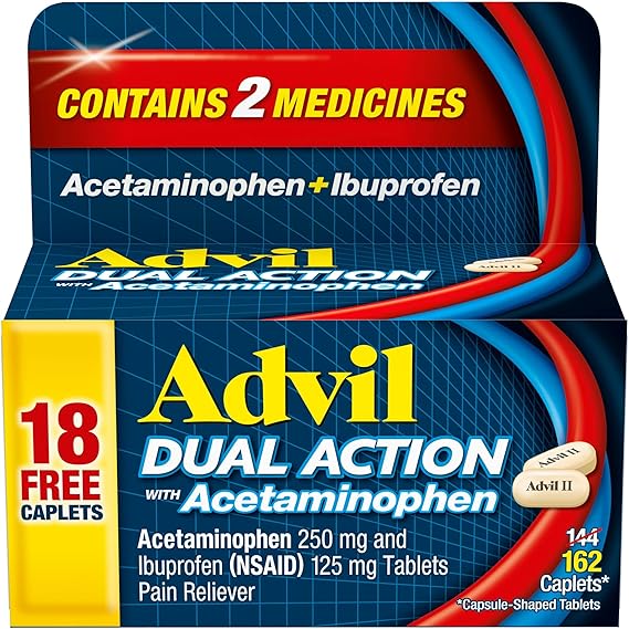 Advil Dual Action Coated Caplets with Acetaminophen, Ibuprofen 125 Mg and Acetaminophen 250Mg, 144 Count, 18 Bonus Caplets Advil Dual Action Coated Caplets with Acetaminophen, Ibuprofen 125 Mg and Acetaminophen 250Mg, 144 Count, 18 Bonus Caplets