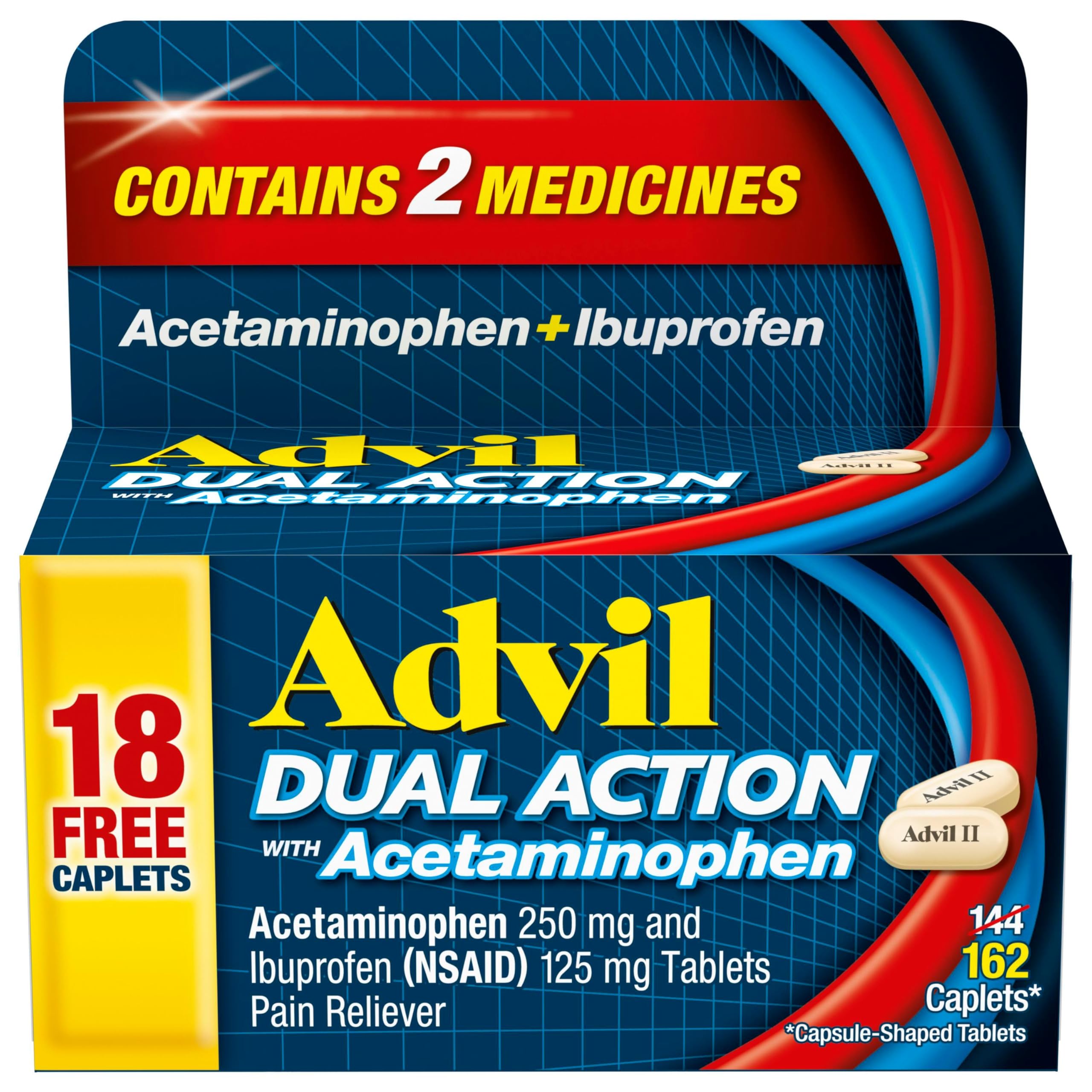 AdvilDual Action Coated Caplets with Acetaminophen, Ibuprofen 125 Mg and Acetaminophen 250Mg, 144 Count, 18 Bonus Caplets