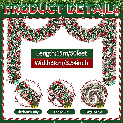 Miniatura 2 de Guirnalda de oropel de Navidad de 50 pies, guirnalda gruesa de oropel para decoración del árbol de Navidad, guirnalda metálica para Navidad,