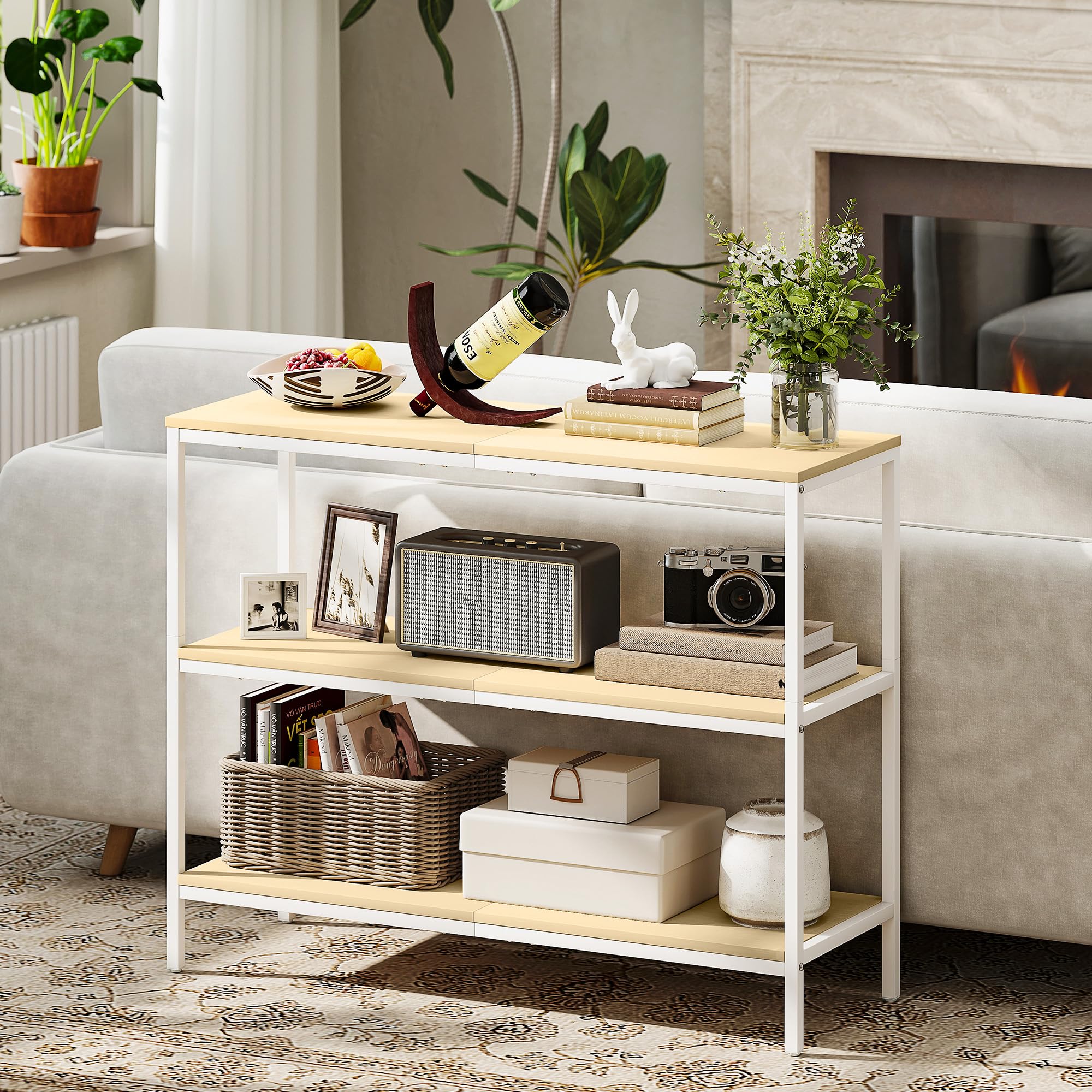 HOMCOM Mesa de Consola Estrecha Moderna 101x35x80 cm Natural y Blanco | Consola de Recibidor, Mesa de Recibidor, 3 Estantes Abiertos, Patas de Metal, Pasillo Entrada Salón Dormitorio