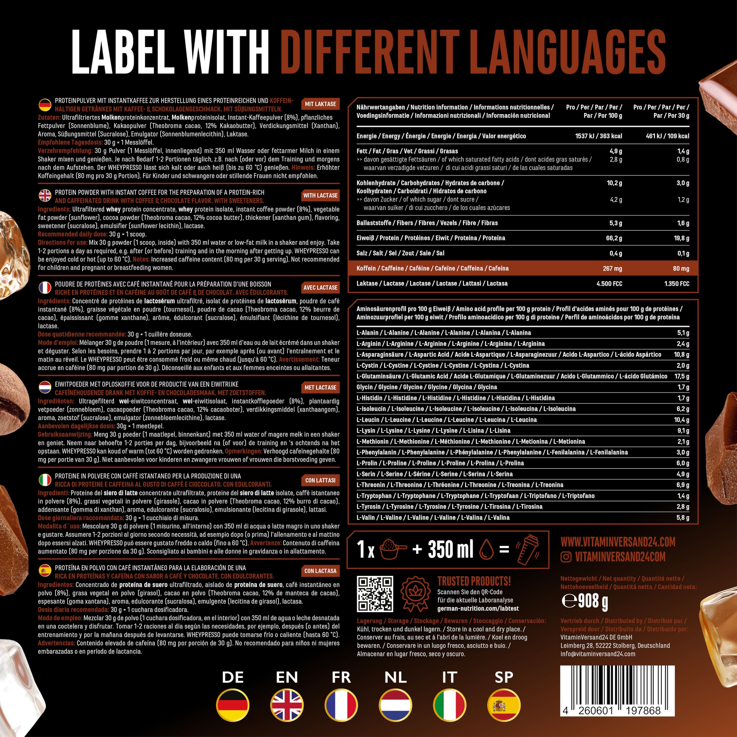 Wheypresso Protein Coffee - Eiweiß-Pulver mit Whey-Konzentrat & Isolat - Mit echtem Kaffee & Koffein - Cremiger High Protein Drink - (908 g, Double Chocolate Flavour)