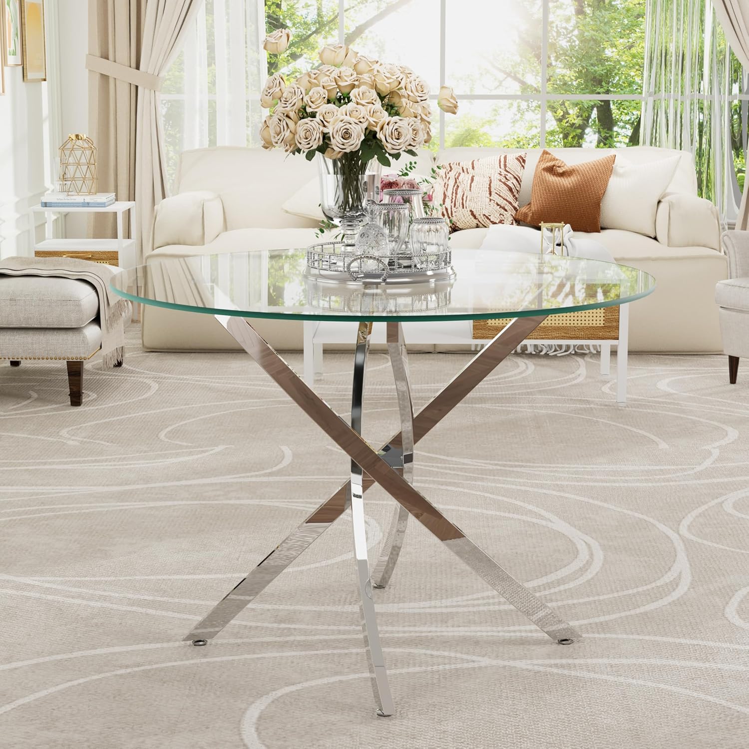 36-Inch Round Tempered Glass Dining Table for 2-4 Person Space-Saving Small Kitchen Table with Heavy-Duty Metal Legs Perfect for Dining Room, Apartment, Condo (Silver)