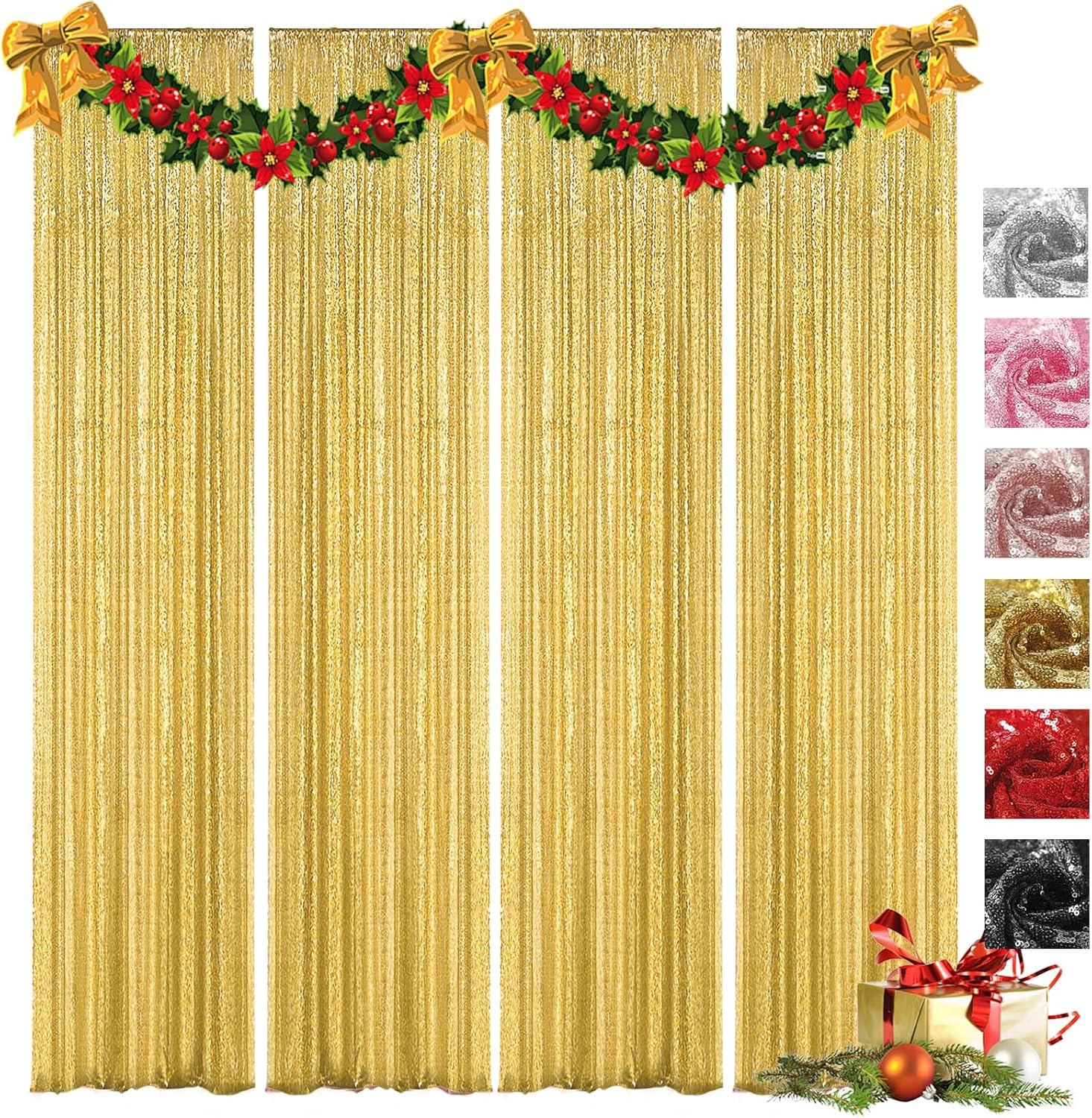VOK Gold Sequin Backdrop Curtains 4 Panels 2FTx8FT Glitter Photography Background for Wedding Birthday Christmas Party Decorations
