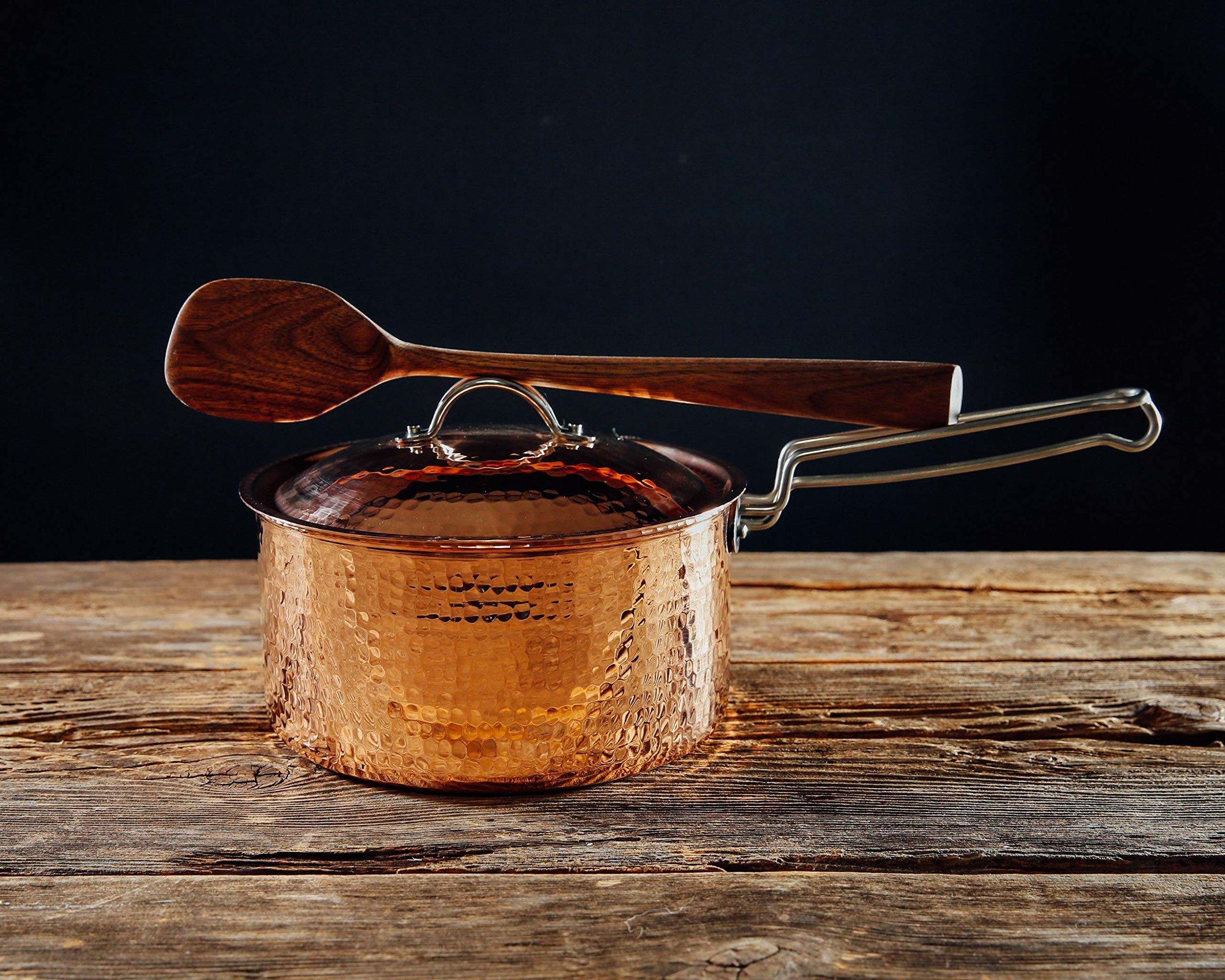 Sertodo Copper Sauce Pan with Lid | 2.5 Qt, 8 in Diameter x 4 in Deep | Naturally Non-Stick Tin Lining, Pure Copper Body | Patented Handle System