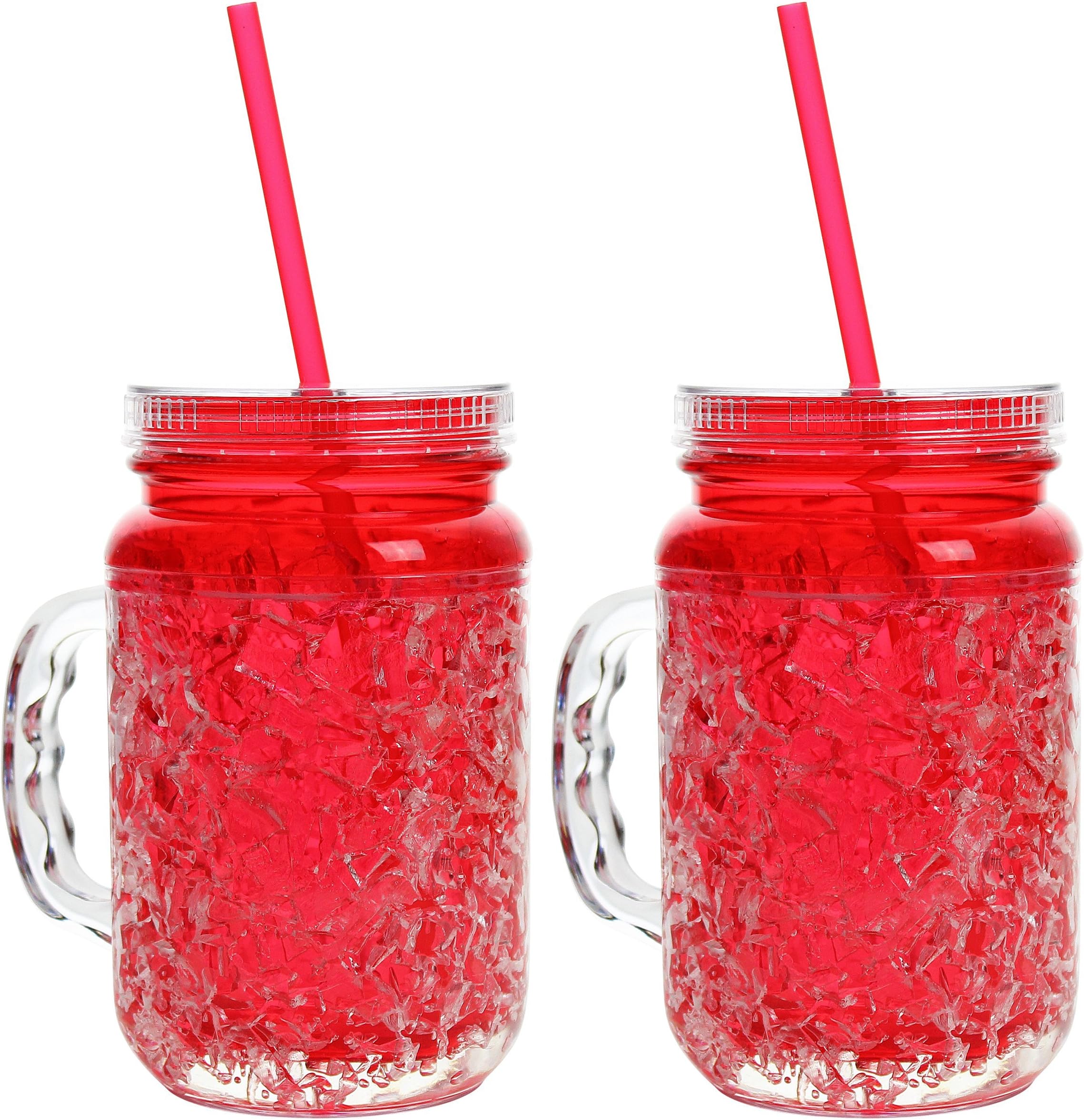Mason Jar Frosty Freezer Mugs, Double Wall, Gel with Lid and Straw, 20oz (Red)