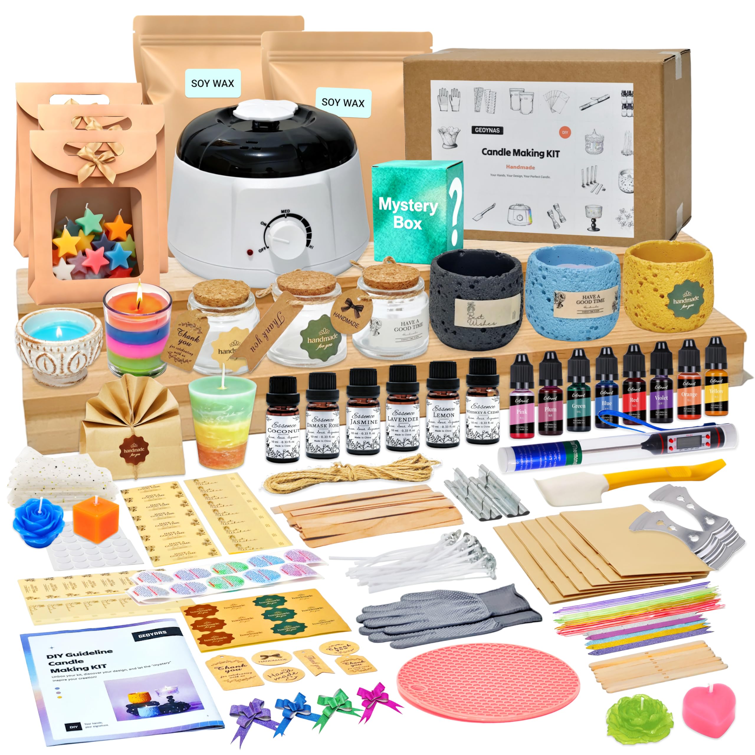 Geoynas Kit per la creazione di candele per adulti e principianti: forniture per la produzione di candele in cera di soia, 1,8 kg di cera di soia, 6 unità di profumi di lunga durata, 30 stoppini per