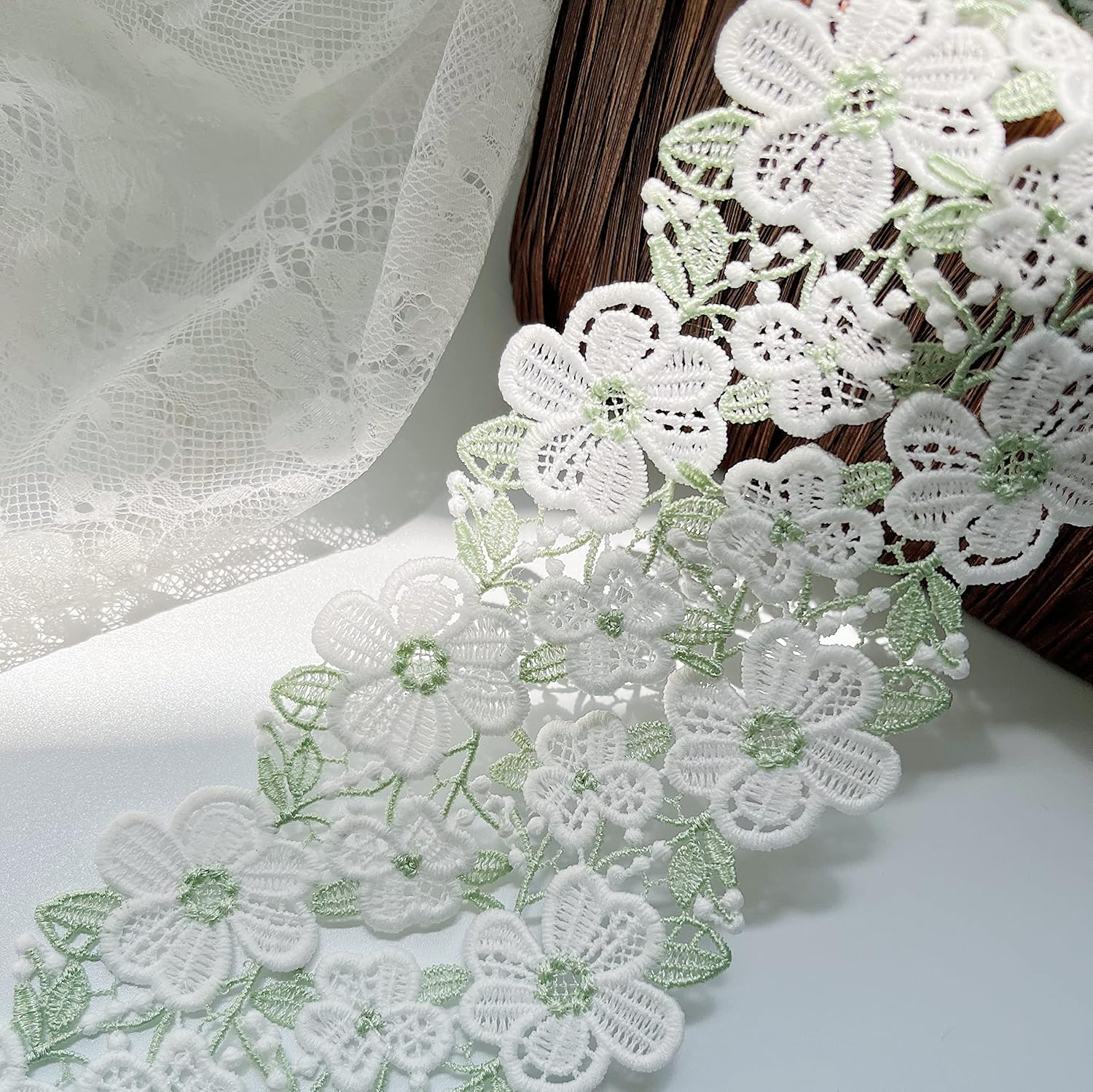 3Yards Floral Ribbon Scallop Edge lace Trim, 2inch Width Embroidered Applique Trim for Sewing Craft Wedding Party Decoration (White Flower&Green Leaves)
