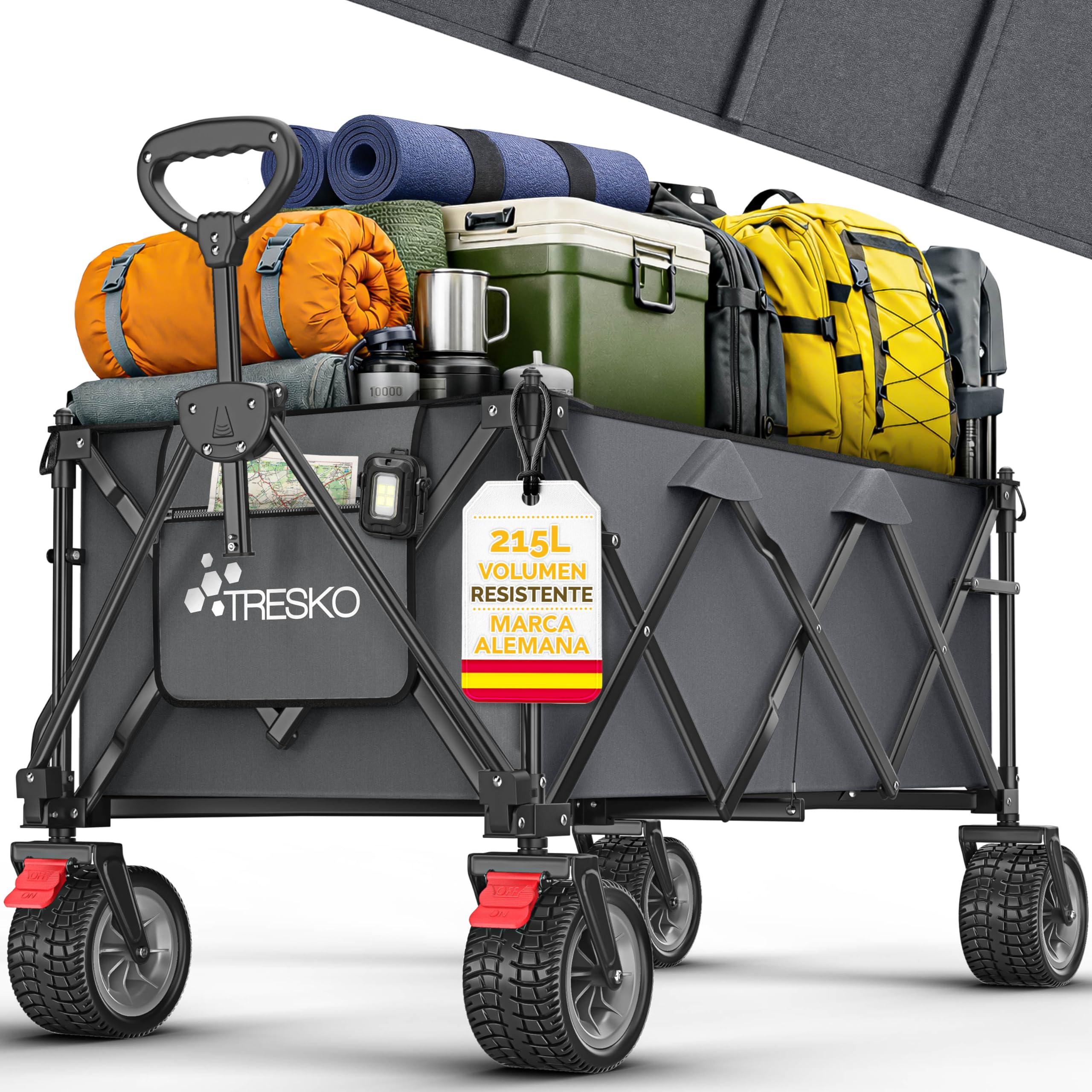 TRESKO® Carro Plegable de 215 L con Freno, Carro de Mano Plegable, 150 kg, Incluye neumáticos de Goma, Plegable, Ruedas Extra Anchas, con Bolsa de Transporte