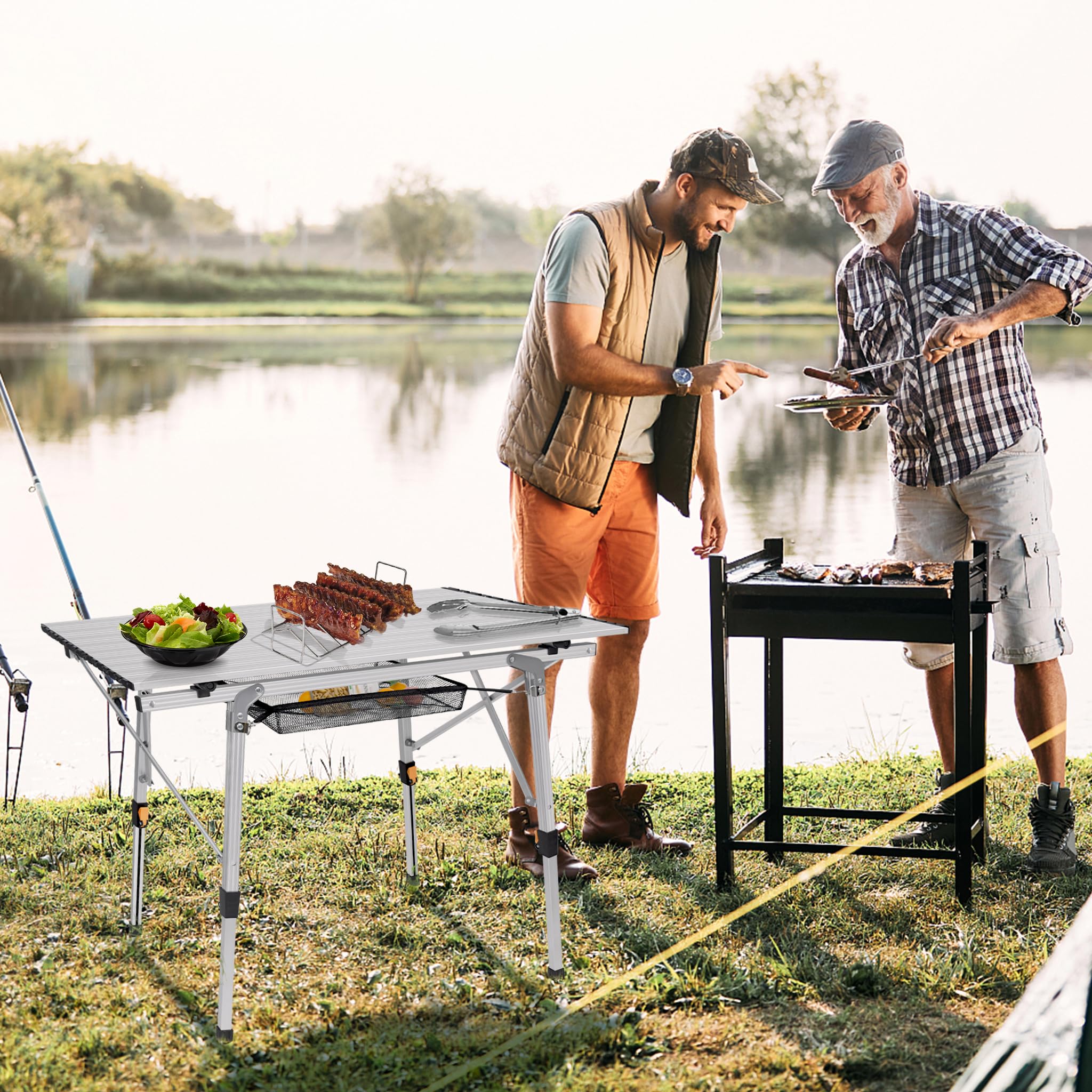 XMTECH Table de camping pliable en aluminium - Table de camping - Table de pique-nique - Table de voyage - Réglable en hauteur - Avec sac de rangement et sac de transport - 90 x 51,5 x 68 cm - Argenté