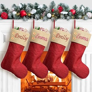Personalized Burlap Christmas Stockings Set of 3 Large Rustic Red Custom Embroidery Christmas Stockings with Names Linen Customized Farmhouse Stockings for Xmas Family Fireplace Decorations
