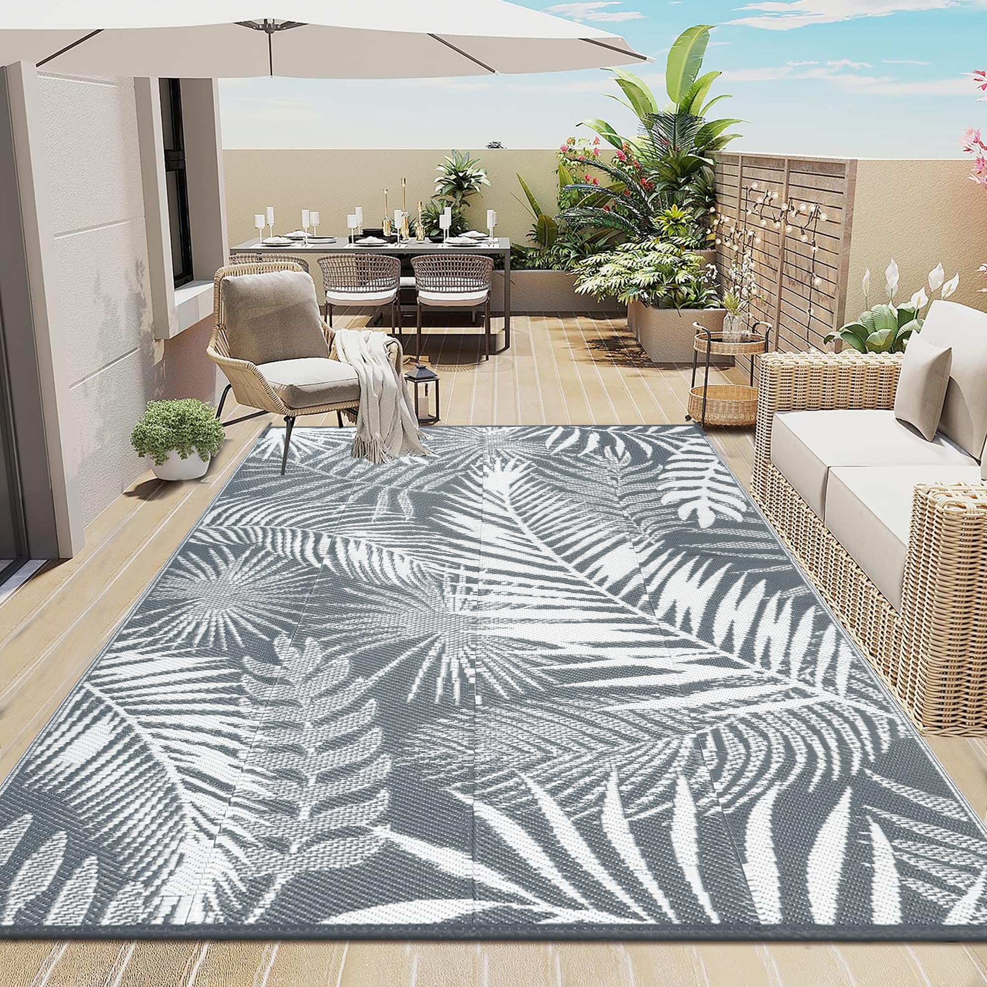 Enyhom Large Outdoor Rugs for Garden Waterproof 180 x 270 cm, Reversible Outdoor Rugs Plastic Straw Rug, Portable Folding Picnic Woven Rug for RV, Patio, Backyard, Deck, Camping, Grey — image 1