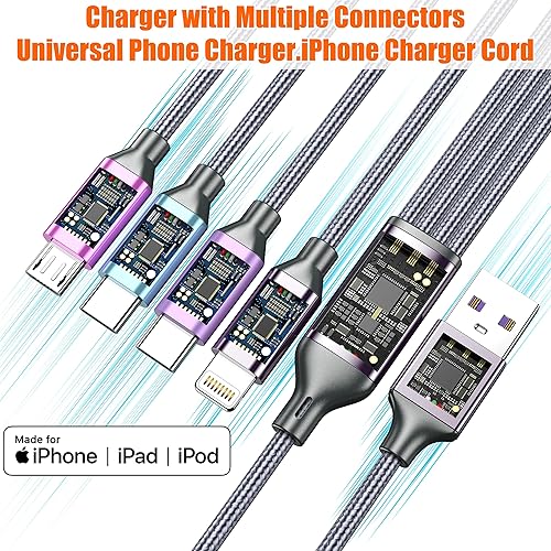Miniatura 4 de Paquete de 2 cables de carga múltiple de 4 pies, cable de carga 4 en 1 de nailon trenzado, cargador de teléfono universal con tipo C, micro USB,