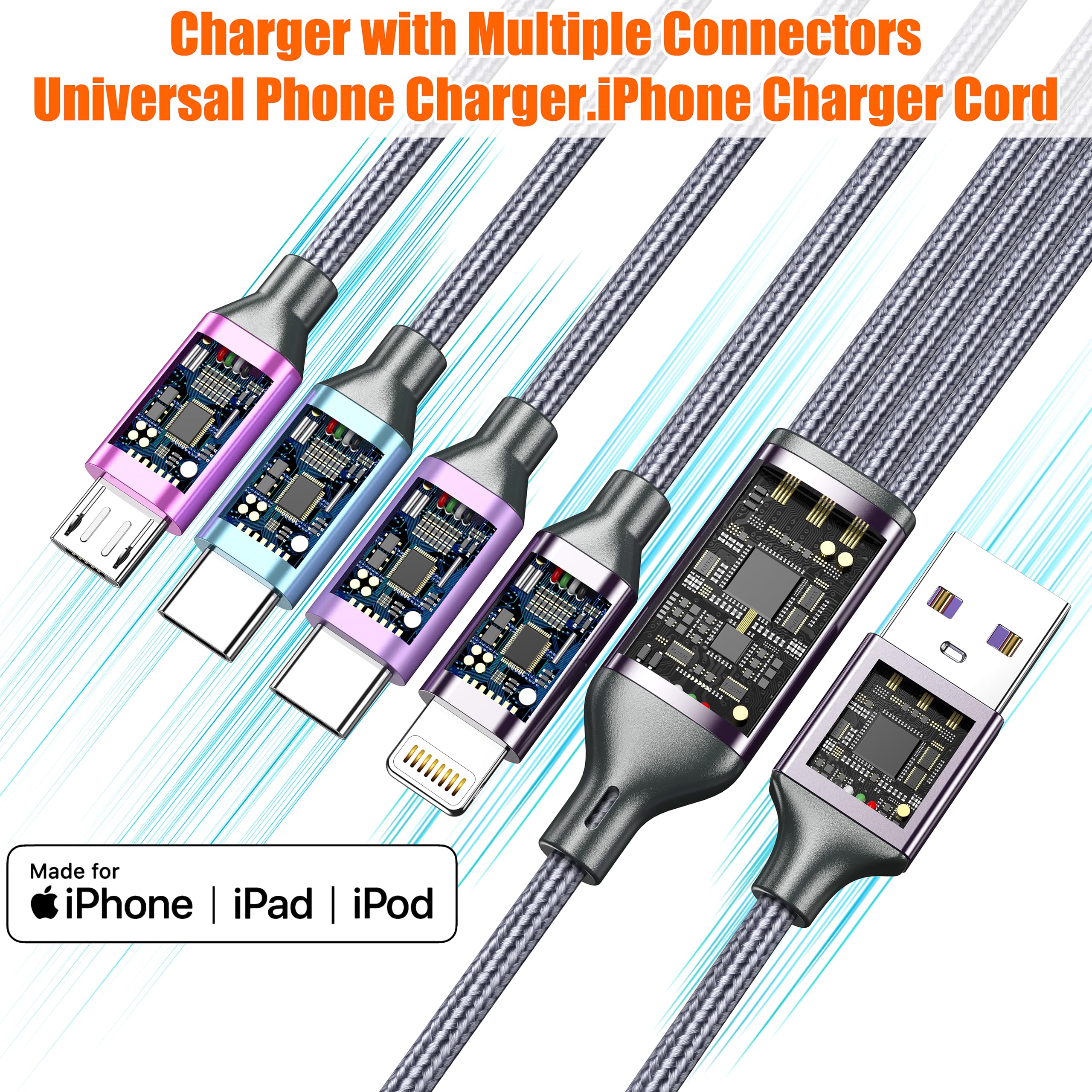 Cavo di ricarica multiplo da 1,2 m, cavo di ricarica 4 in 1, cavo di ricarica in nylon intrecciato Lightning per iPhone, cavo universale per telefono con tipo C, micro USB, porta IP per