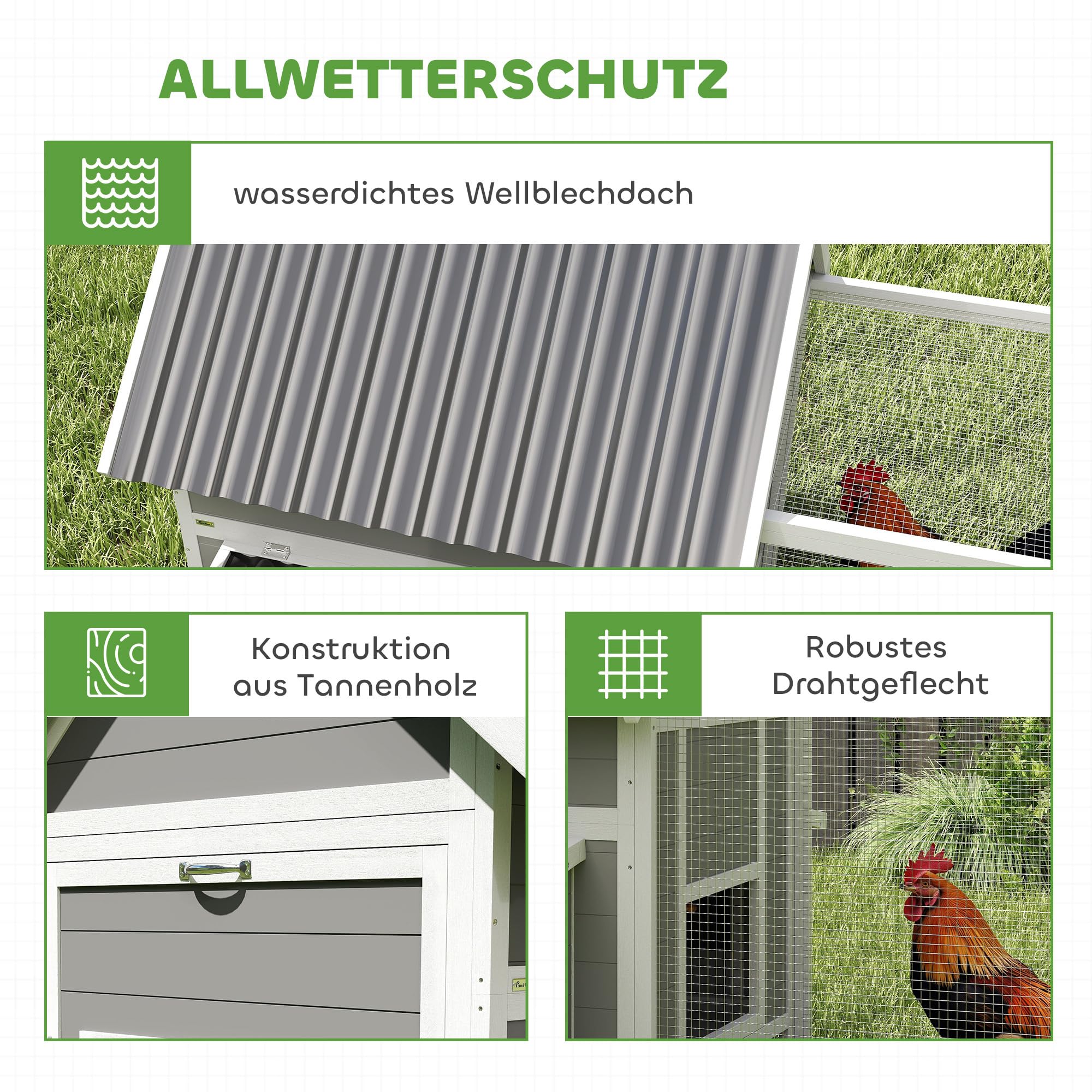 PawHut Kurnik dla 7-10 kur, 283 x 133,5 x 112 cm, szary | wybieg dla kur, 2 budki lęgowe, wybieg, drążek do siedzenia, huśtawka, mrozoodporny, drewno, woliera, domek dla ptaków