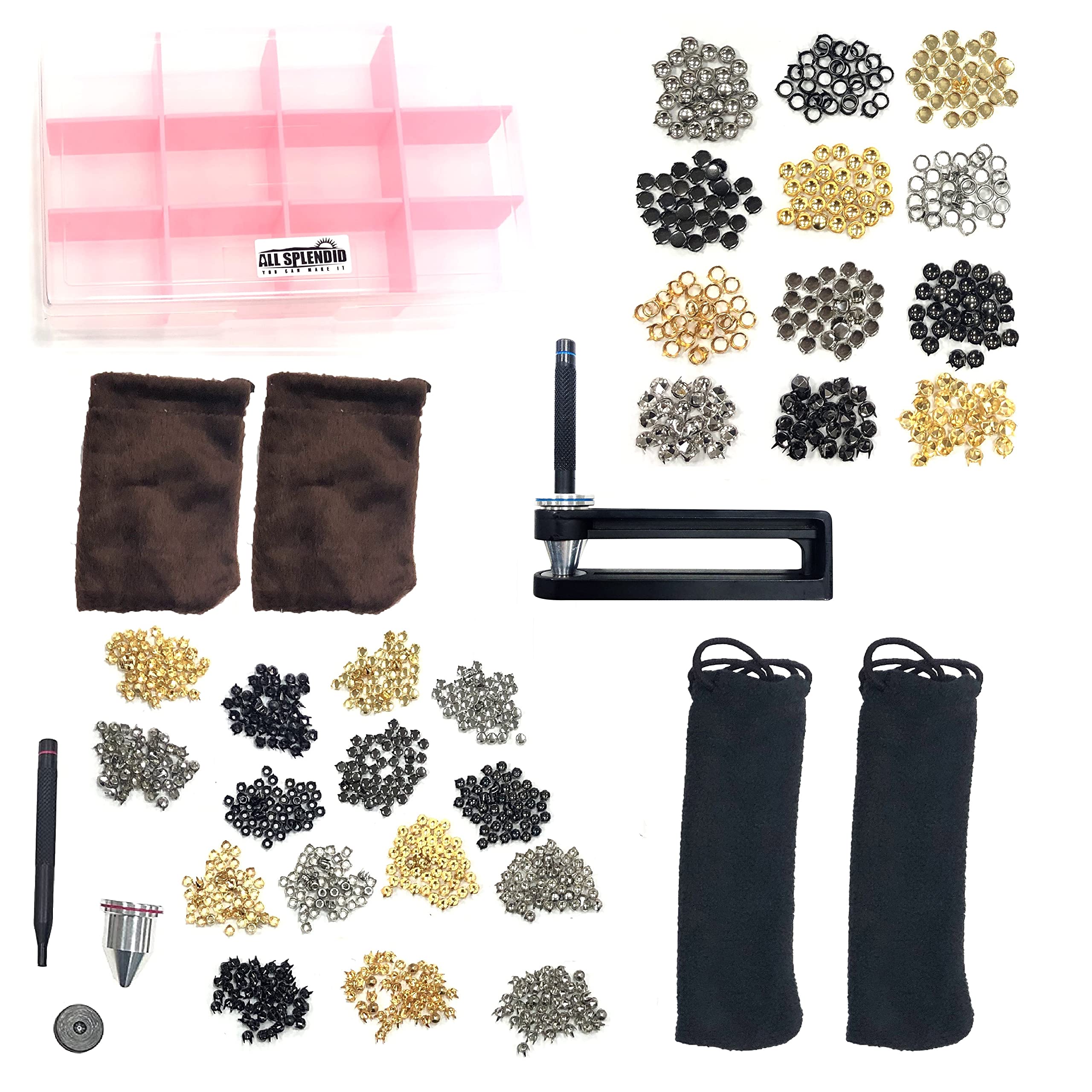 All Splendid Nieten-Set für Lederarbeiten, 1110 Stück, verschiedene Größen, runde Kuppel, Krallen-Perlen, Punk-Nieten mit Spikes, Werkzeug-Set für Dekoration, DIY, Lederwaren, in 1/4 Zoll und 1/8 Zoll