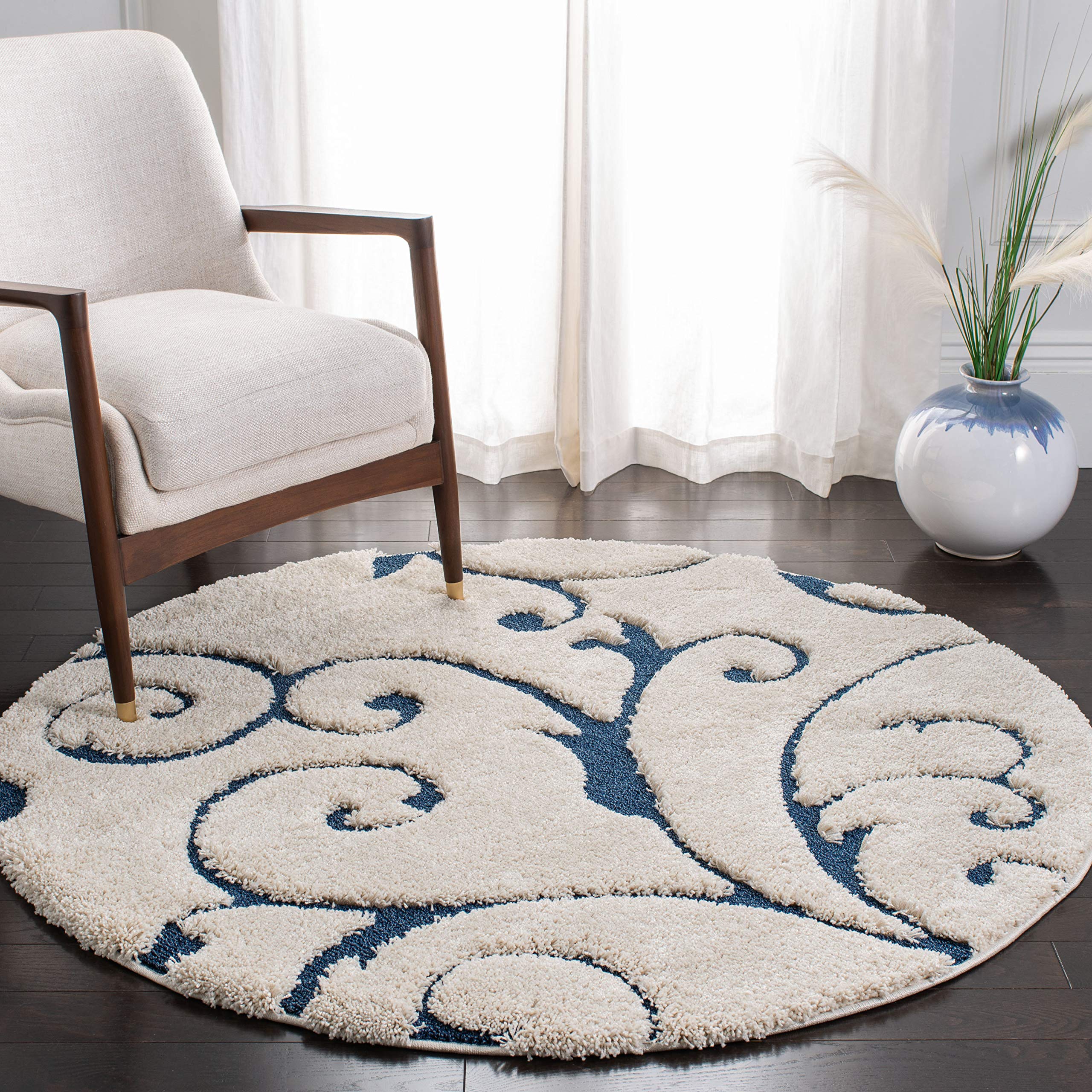 SAFAVIEH Florida Shag Collection Area Rug - 4' Round, Cream & Blue, Scroll Design, Non-Shedding & Easy to Clean, High-Low Plush Pile, Ideal for Living