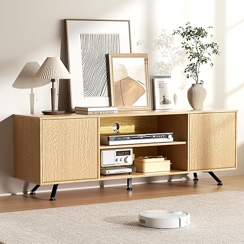 GRLEAF TV Stand for 50/55/60/65 Inch TV, Wood Entertainment Center with Open Storage Shelves, 2 Cabinets and 2 Cord Holes, Mid Century Modern TV Console Table Media Console for Living Room Bedroom