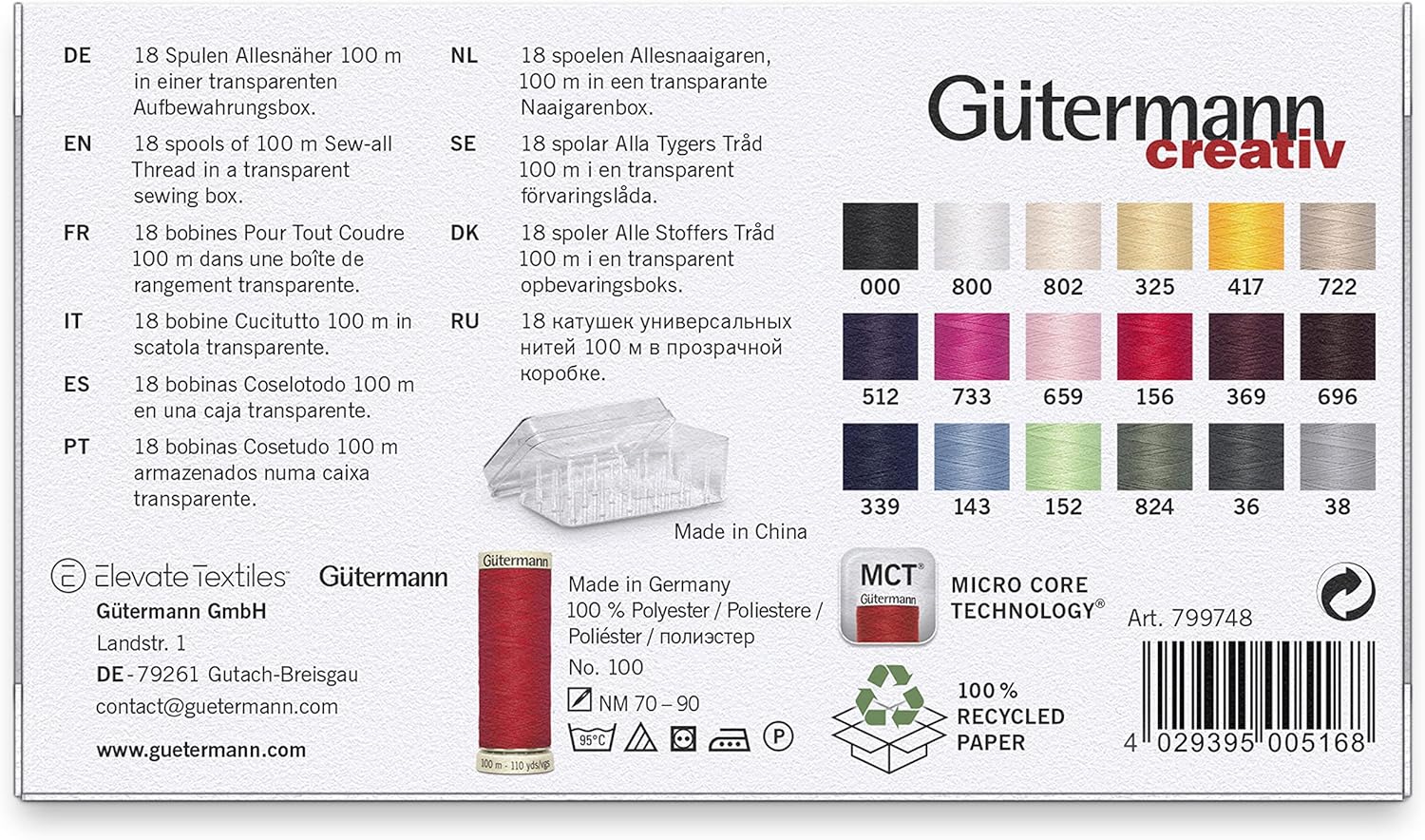 Gütermann Storage Box with Threads, Assorted, 18 Reel