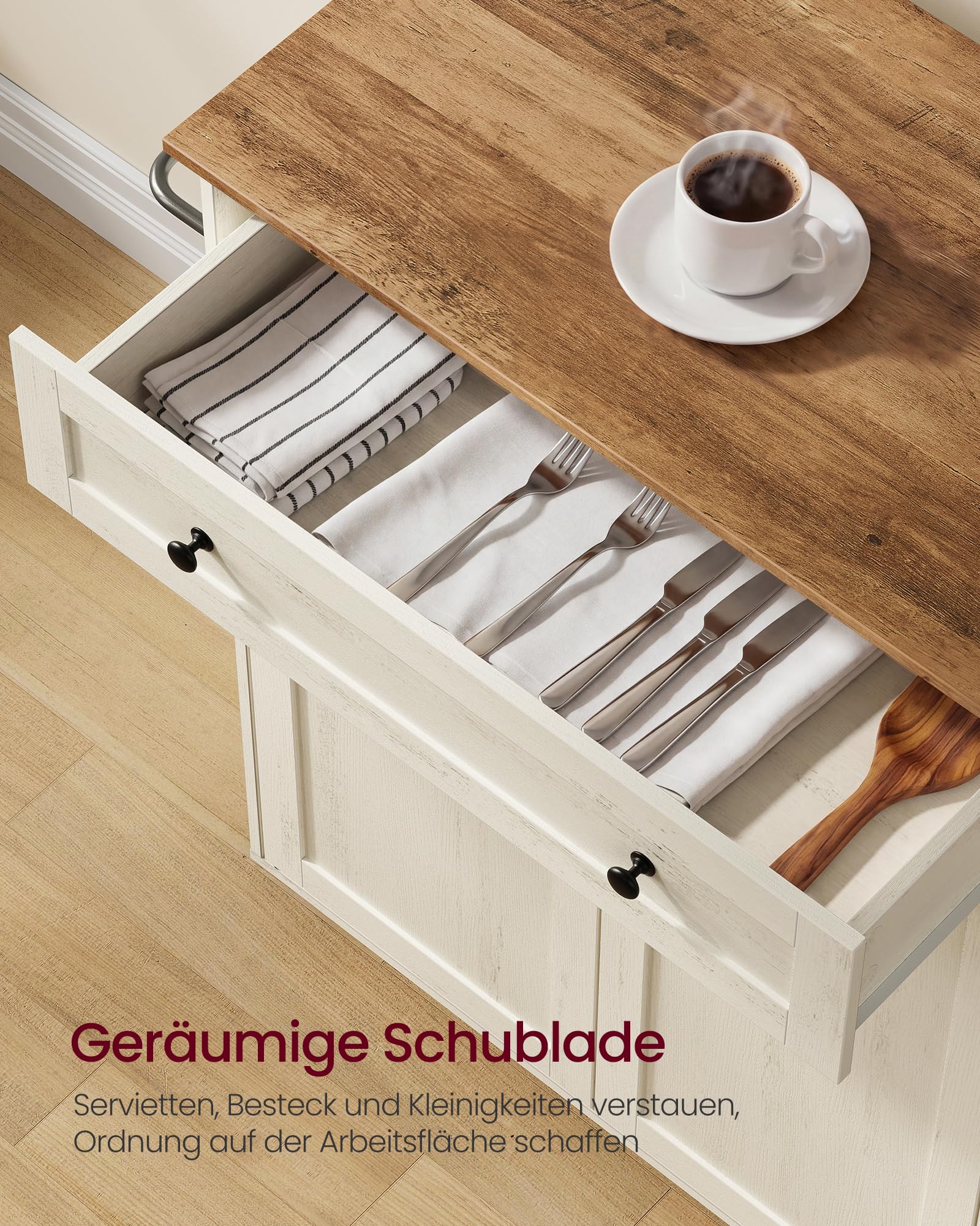VASAGLE Siren Kollektion - Küchenschrank, Kücheninsel, Küchenwagen mit Arbeitsplatte, Rollen, Rollwagen Küche, Schublade, Landhausstil, verstellbare Ablage, wolkenweiß-honigbraun KKI009WJ01