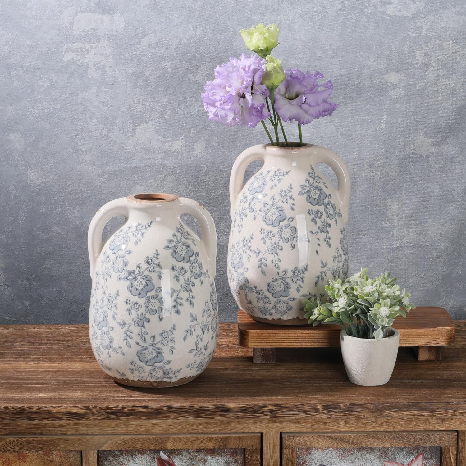 Vintage Chinoiserie Blue and White Ceramic Vases Decor 7” Retro Ice Crackle Hand-Painted Peony Ceramic Pitcher Antique Style Home Decor (7.5 Inch Blue and White) - Image 2