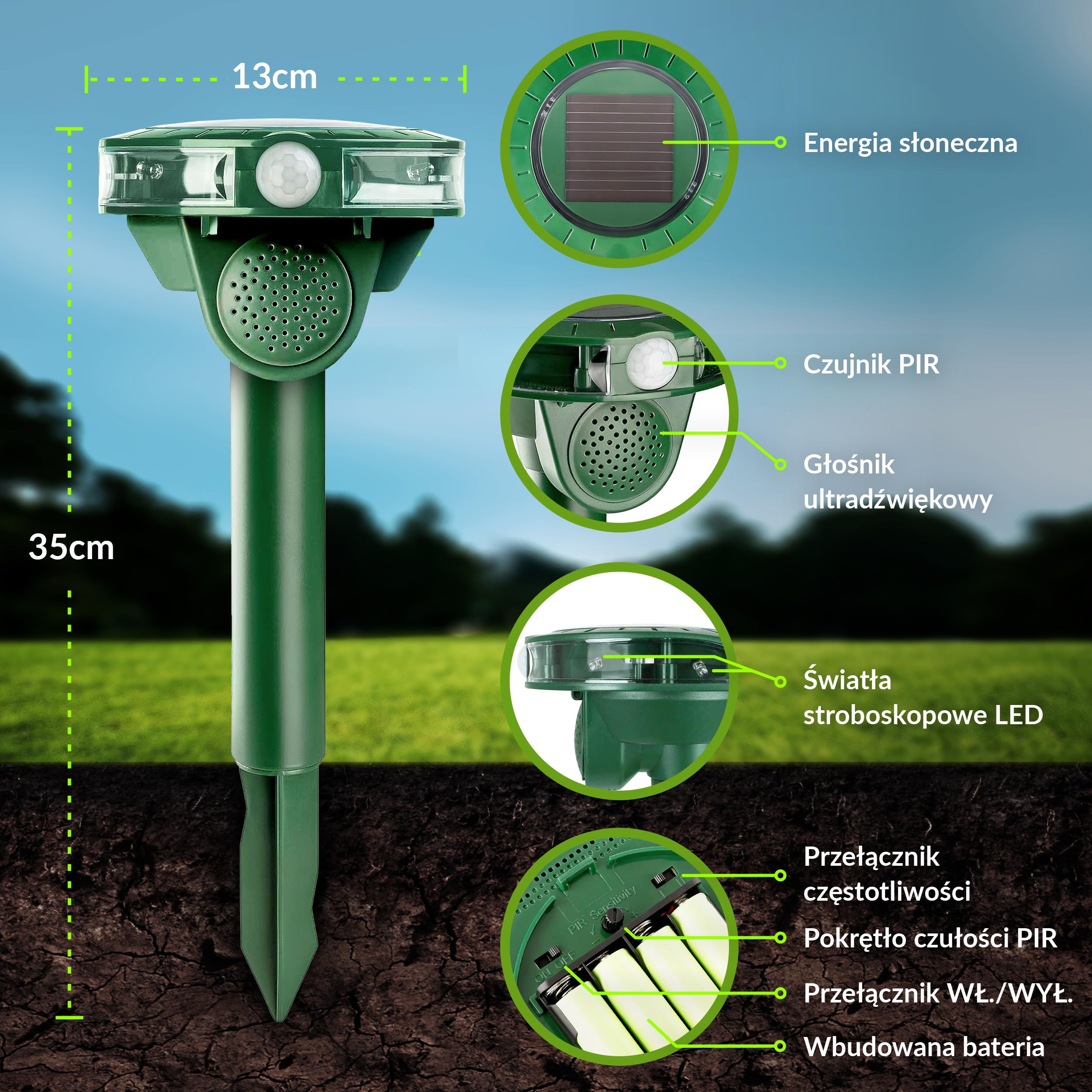 ISOTRONIC Solarny odstraszacz kotów, psów, lisów i szopów – Ultradźwiękowy – Z kolcem do wbijania w ziemię – Do ogrodu i na trawnik – Zasięg 40 m² (2 sztuki)