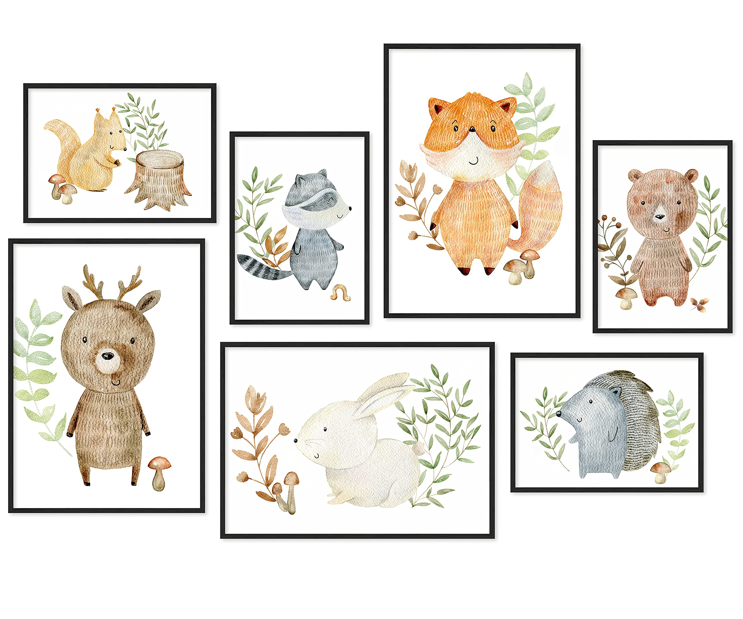 Hyggelig Home Set di poster di alta qualità, 7 immagini per la cameretta dei bambini, motivo animali, astratto, set acquerello