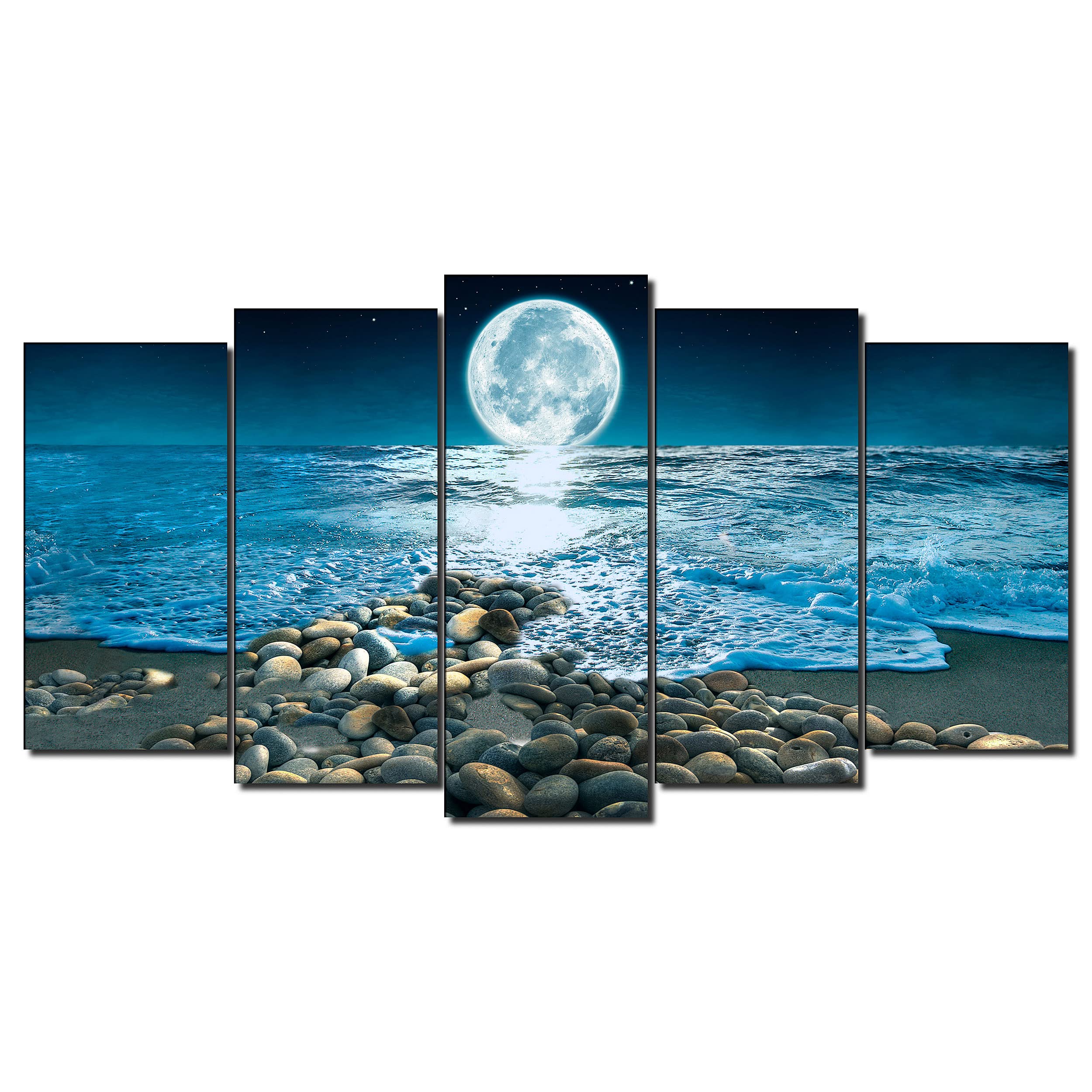 DekoArte - Cuadros Modernos Impresión Imagen Artística | 5 Piezas 150x80cm | Lienzo Decorativo Para Salón o Dormitorio | Estilo Paisaje Nocturno con la Luna iluminando