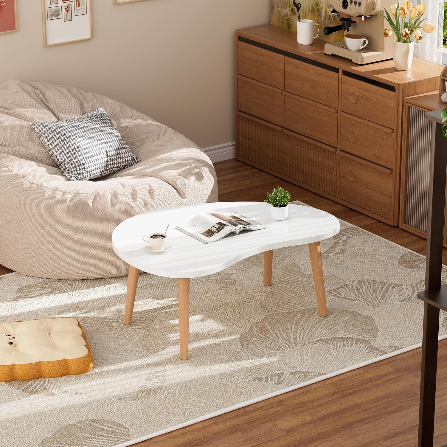 FAMIDGE Low Coffee Table, Oval Japanese Floor Table with Solid Wood Legs, 23.6" L Tatami Tea Table, Tool-Free Assembly Floor Desk for Living Room Apartment Bedroom, White image 2