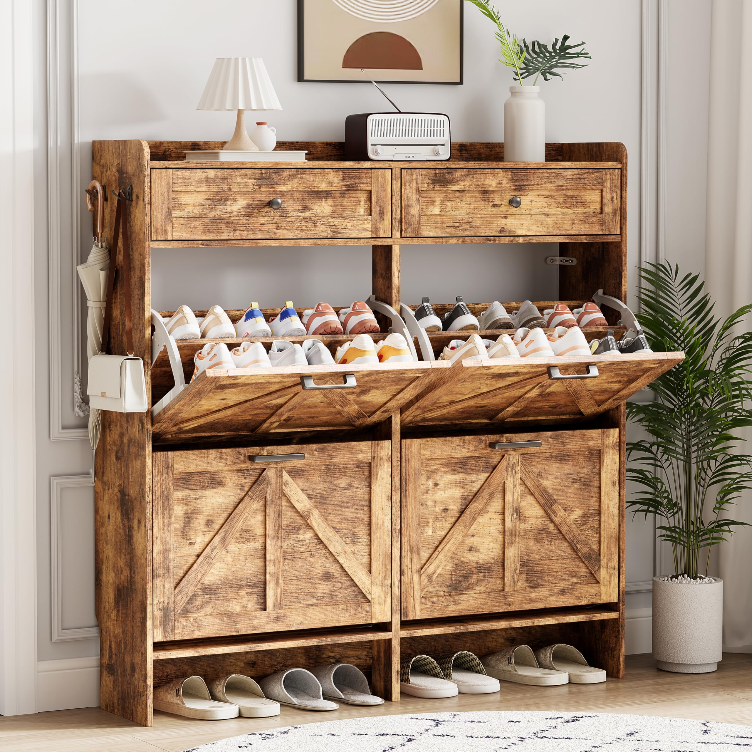 Shoe Cabinet with 4 Flip Drawers &amp; 2 Top Drawers, 43" Tall Freestanding Narrow Wooden Shoe Storage Organizer for Entryway, Hidden Slim Shoe Rack for Front Door Entrance, Hallway, Living Room, Brown
