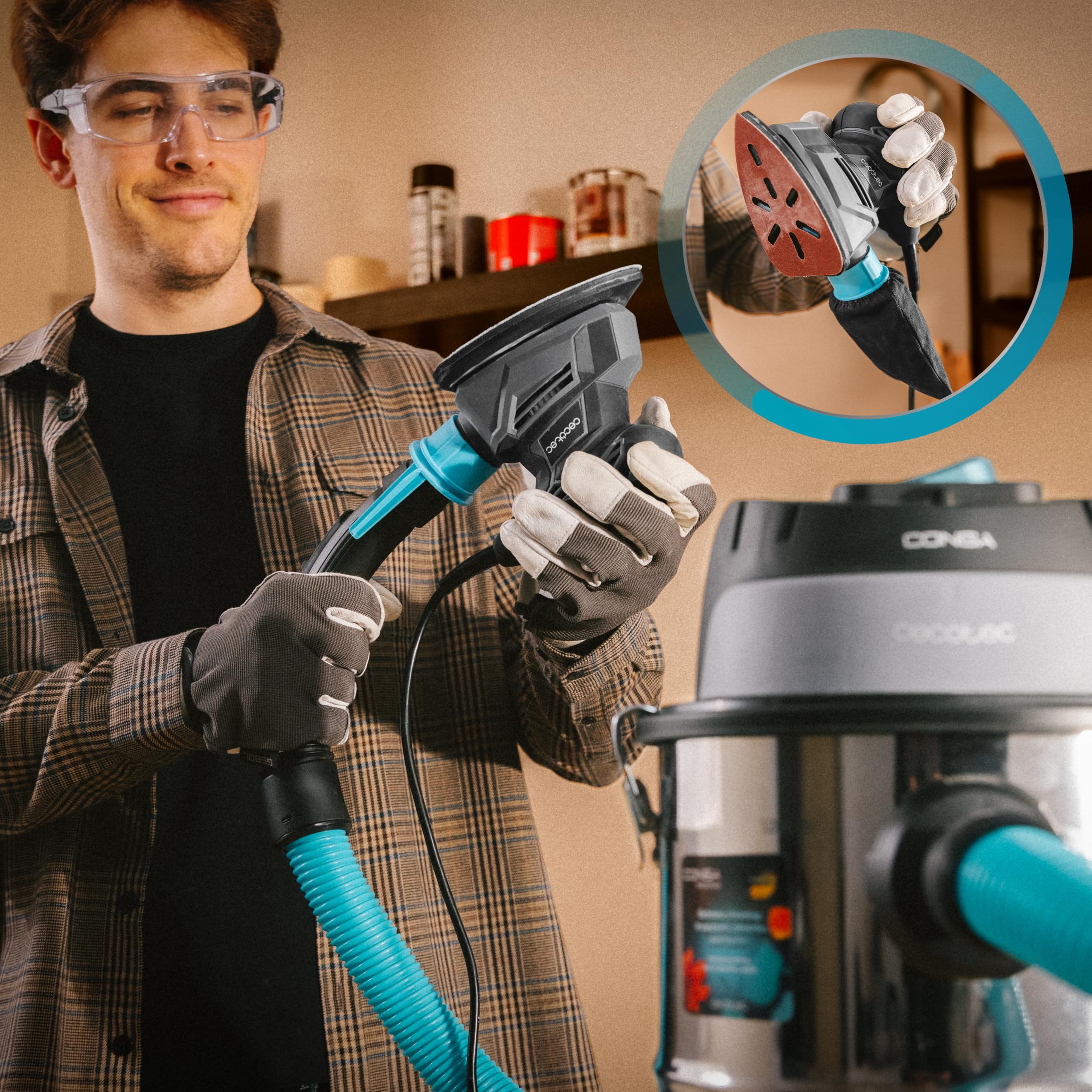 Cecotec Ponceuse Électrique avec Câble PerfectSurface 125 Delta EasyGo, 130W, 13500rpm, Design Triangulaire, Réservoir Intégré, Inclut Accessoire FingerDetail, 12 Abrasifs et Sac de Transport