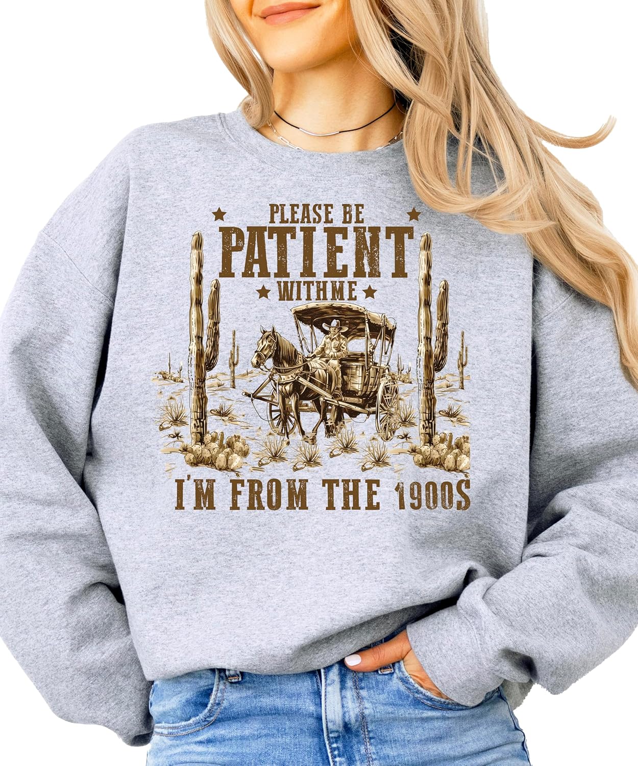 Olive Loves Apple Be Patient I'm From the 1900's Funny Sweatshirt for Women Westen 90's Kids Pullover