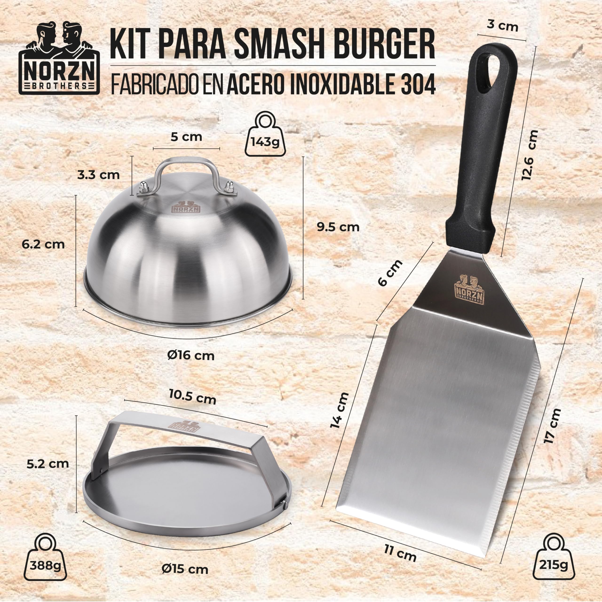 Kit Smash Burger – Incluye Smasher o Aplastador de Hamburguesa, Espátula para Plancha y Campana para Barbacoa - Fabricado Acero INOX. 304 Certif. Contanto Alimentos, Garantía 10 Años
