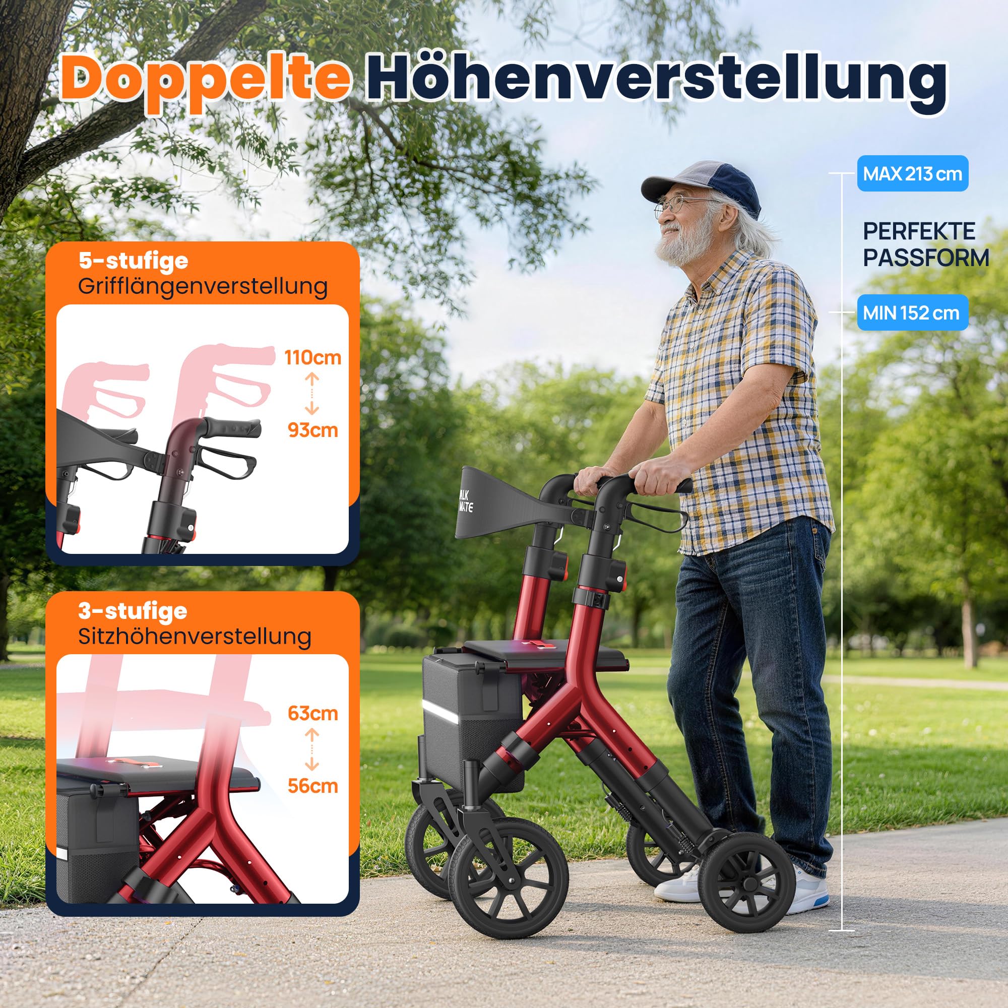 WALK MATE Rollator Faltbar und Leicht mit Sitz für Große Menschen bis 2m | Rollatoren Schmal für Wohnung,Höhenverstellbar,25cm Reifen und Versteckten Bremskabeln für Senioren,Drink Holder, Aluminium