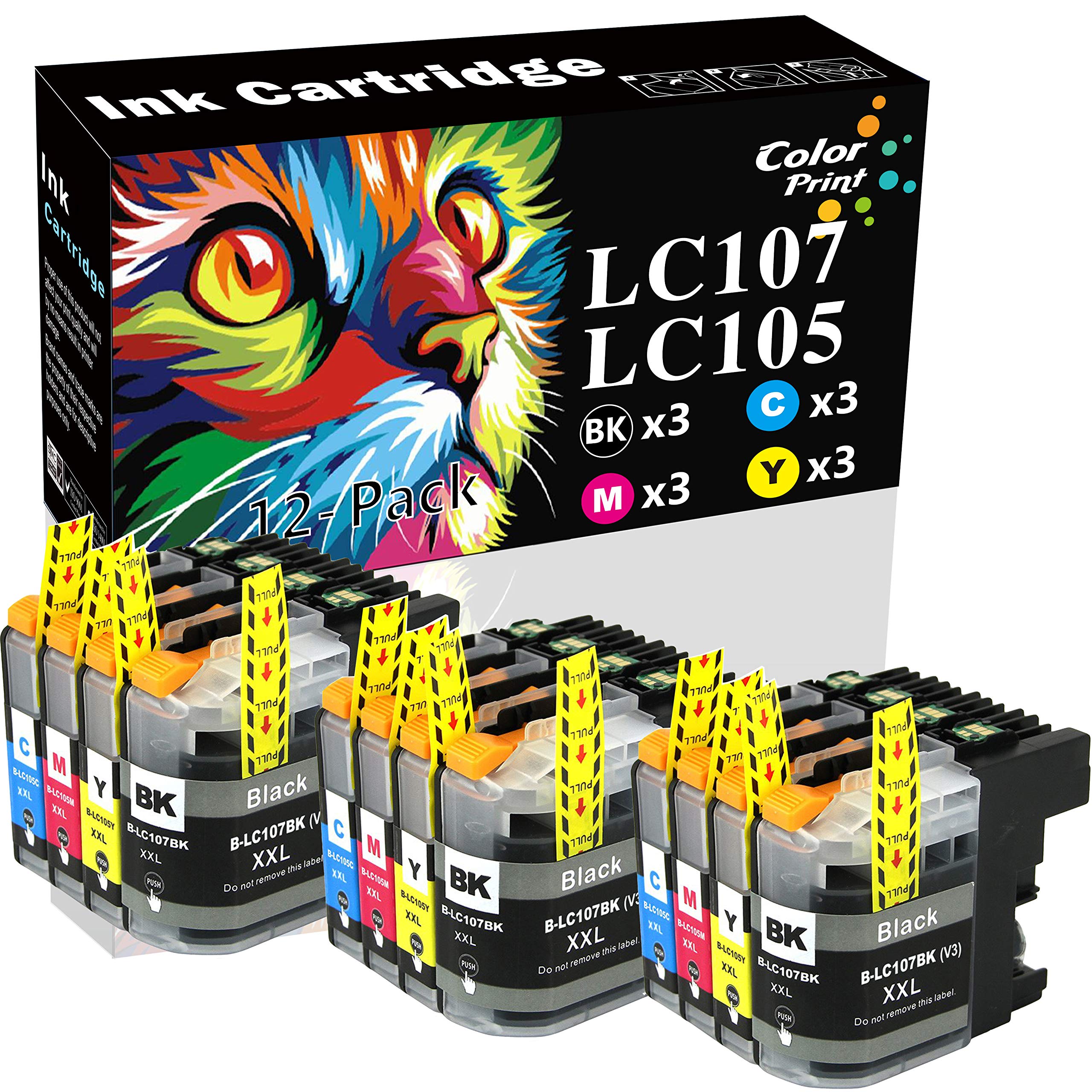 C P 12-Pack ColorPrint Compatible LC107 LC105 Ink Cartridge LC107BK LC105C LC-105M LC105Y Used for Brother MFC-J4310DW MFC-J4410DW MFC-J4510DW MFC-4610DW MFC-J4710DW Printer (3BK+3C+3M+3Y)
